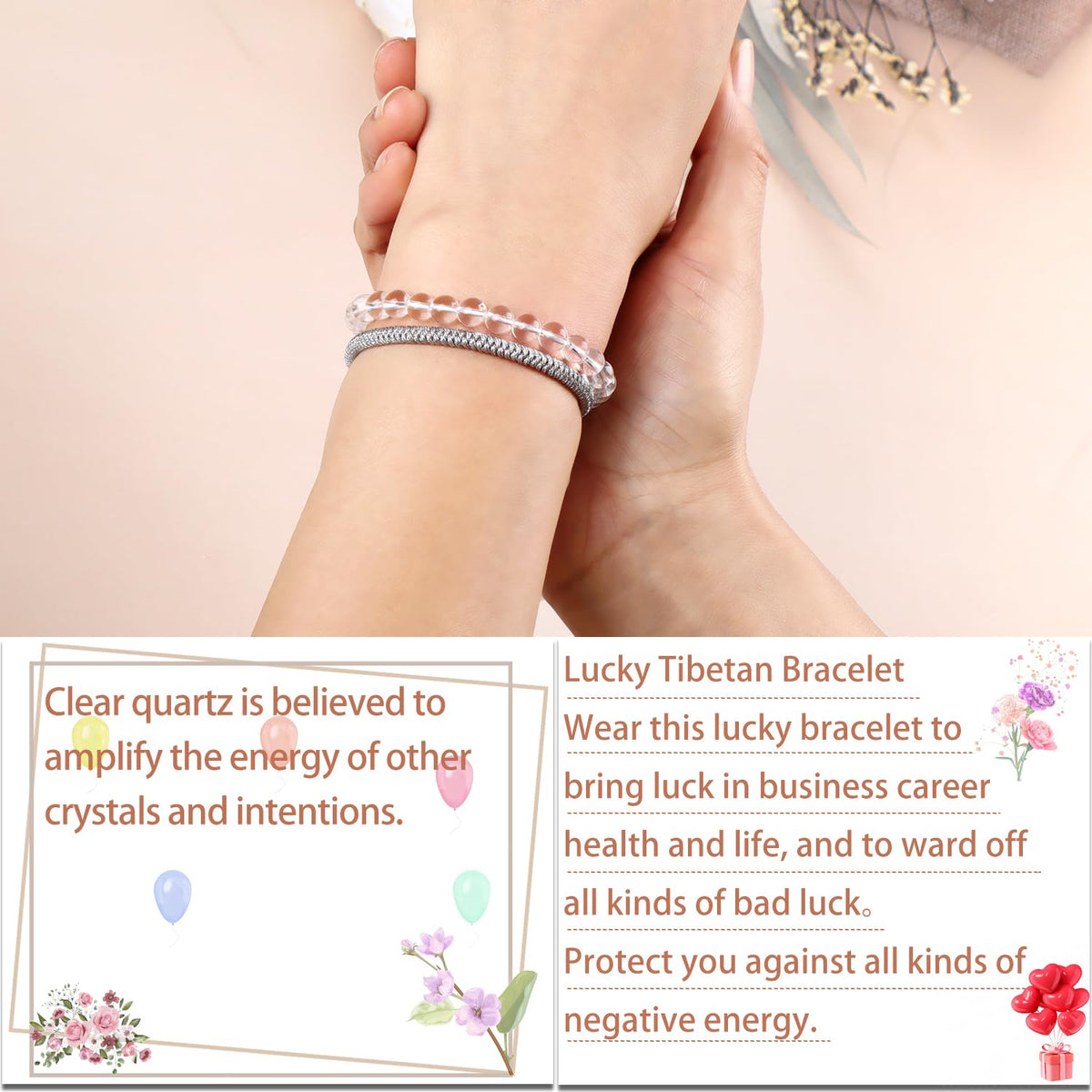 LPBeads 6mm Clear Quartz Bracelet with Handmade Rope Bracelet Size Adjustable Natural Stone Crystal Healing Bracelets Gifts for Unisex Adults