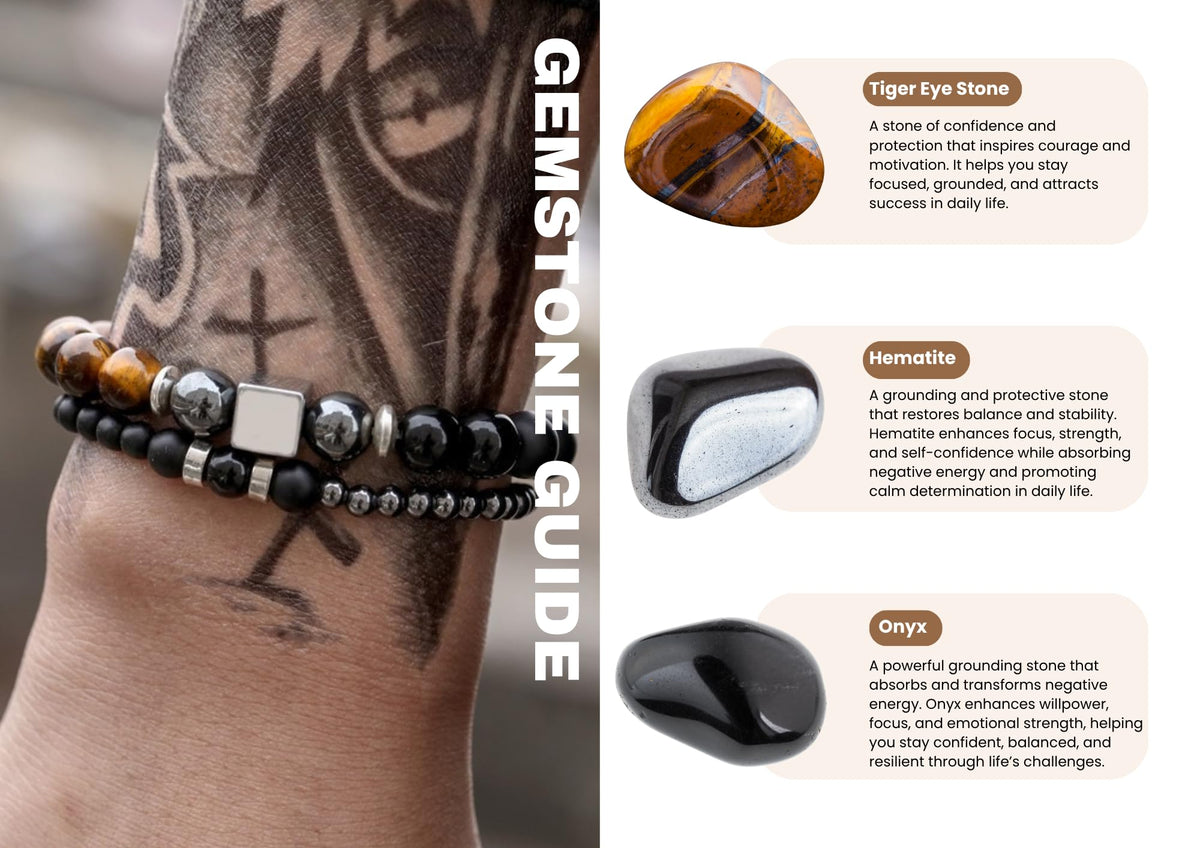 TUQBA 2 PCS Triple Protection Bracelet Set for Men Tiger Eye, Hematite, Onyx Beaded Natural Stone Healing Crystals Jewelry Christmas, Fathers Days Gift, Baptism, Birthday Gift
