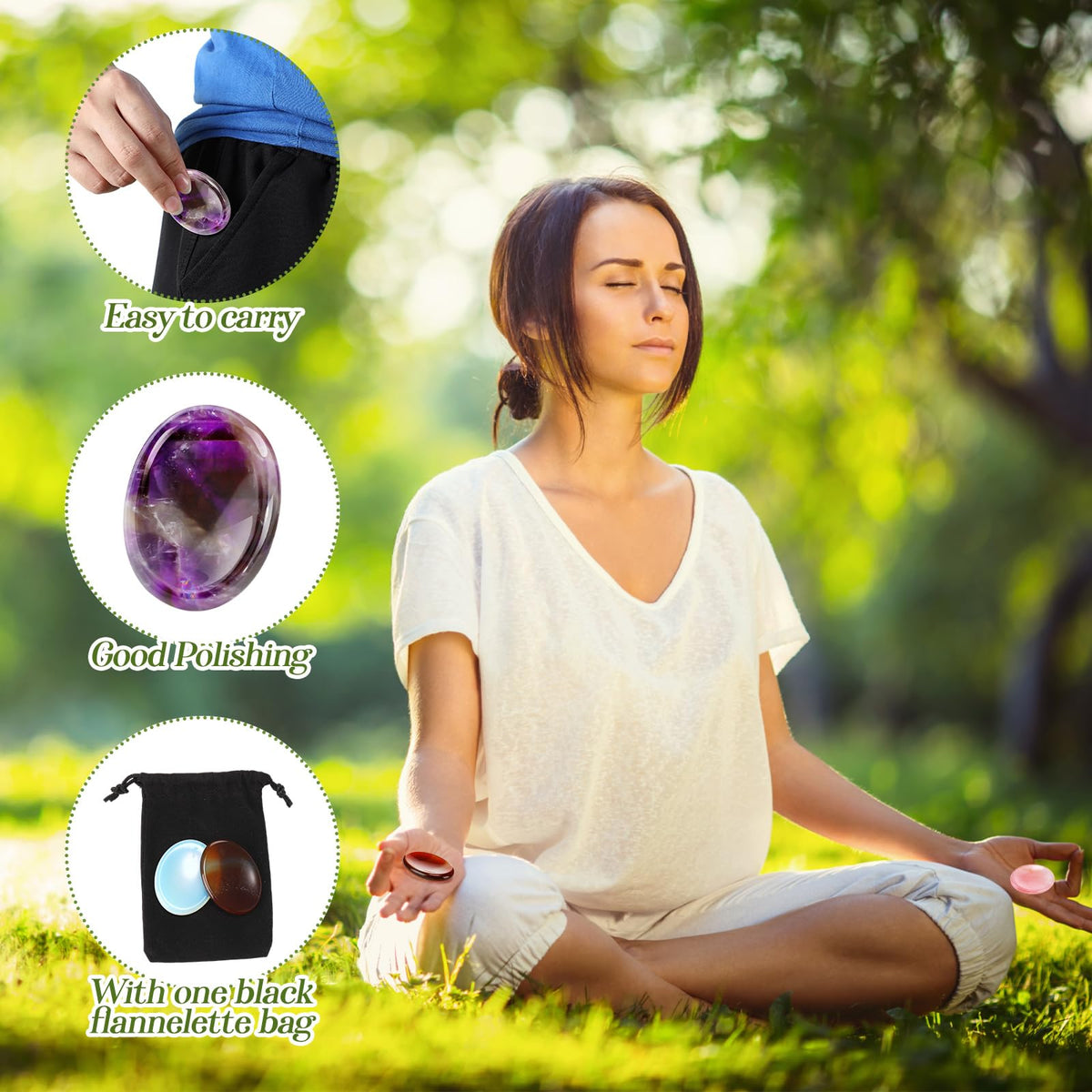 Roowest 4 Pcs Thumb Worry Stone for Anxiety Natural Crystal Healing Stone Chakras Amethyst Tiger Eye Quartz Pocket Hug Gift for Office Stress Meditation(Warmglow,Oval)
