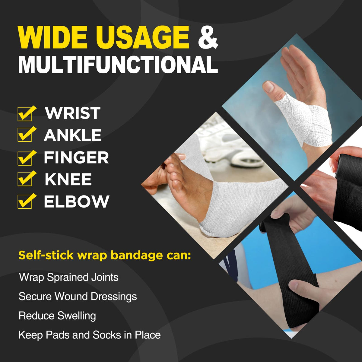 OK TAPE 12 Rolls Self Adhesive Bandage Wrap, Elastic Athletic Tape, Self Stick Bandage Tape, Vet Wrap, Medical Wrap for Wrist, Feet, 2" x 5 Yards - Black