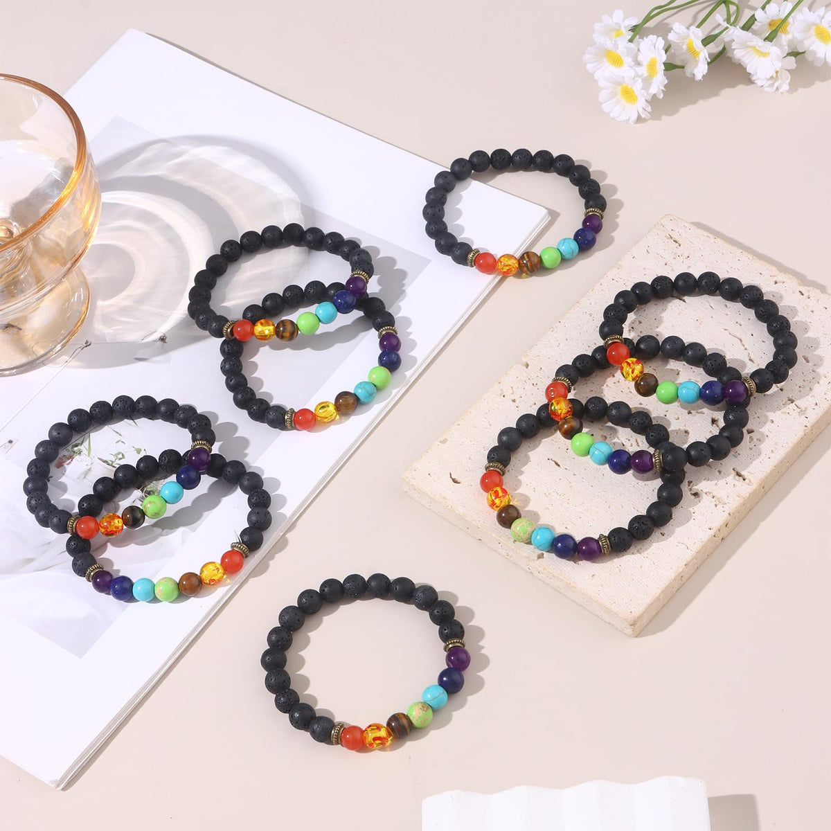 Giovanchi Lava Rock Chakra Bracelets for Women Natural Healing Stones Yoga Stretch Elastic Crystal Healing Bracelet for Women Spiritual Bracelets for Woman Meditation Relax Anxiety