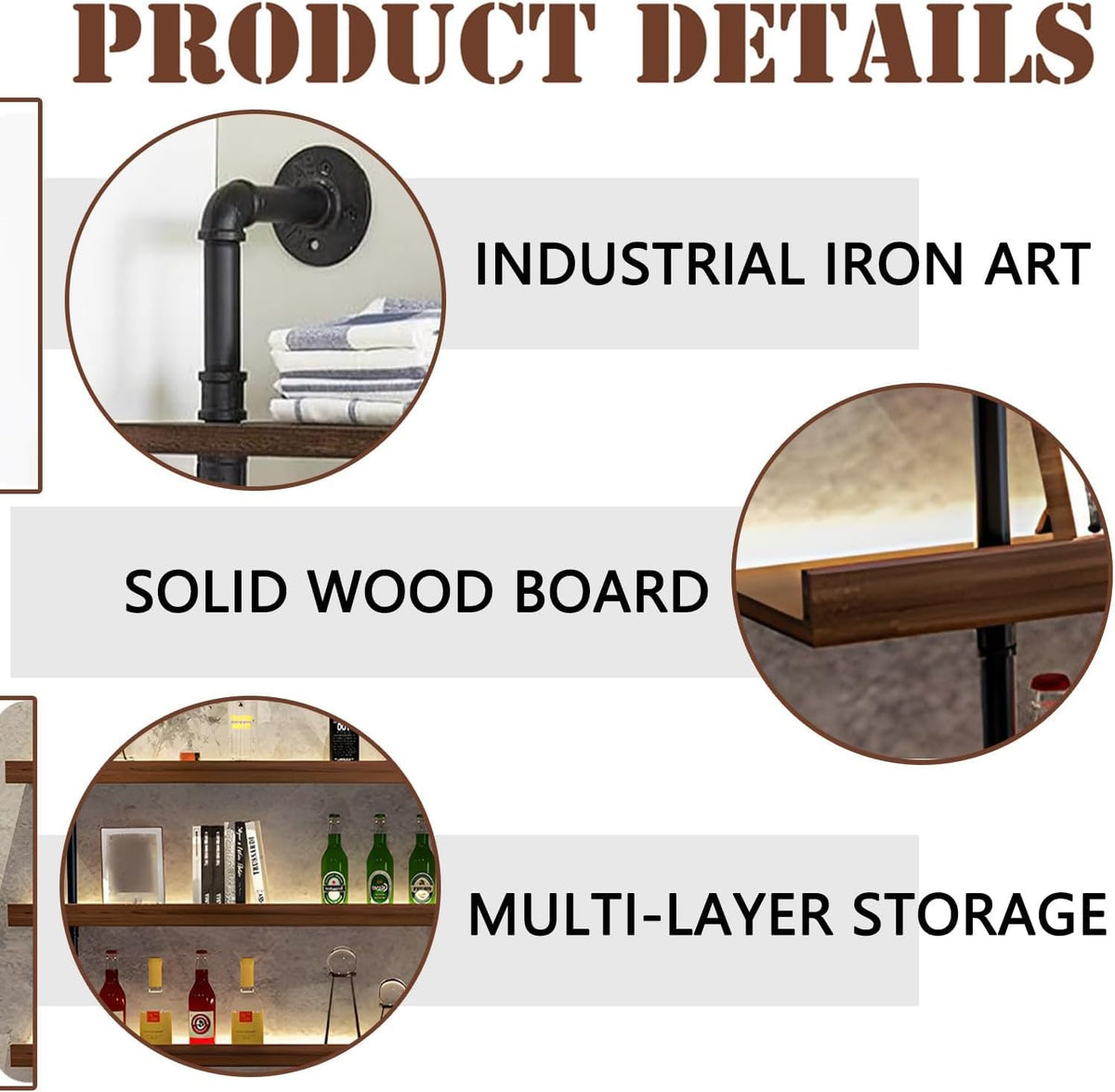 Dawselod 78.7in Large Wine Rack with LED Light Solid Wood Wall Mounted Wine Rack, 3-Tiers Liquor Bottles Floating Shelves Display Storage Organizer for Home Bar & Dining Room (200cm/78.7in)