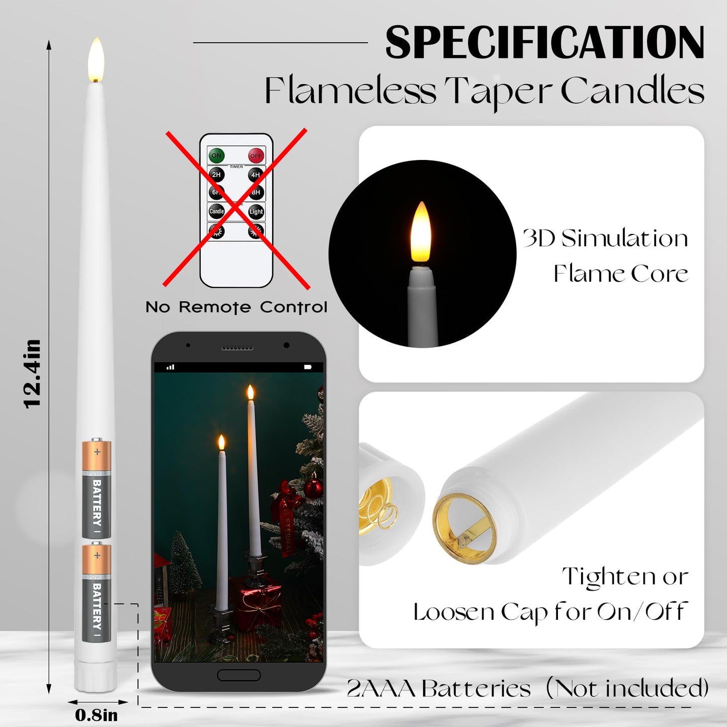 Baquler 50 Pcs Extra Long Flameless Taper Candles 12.4 inch Battery Operated Taper Candle Bulk LED Flickering White Candlesticks for Wedding Church Table Centerpiece Halloween Christmas Party Decor