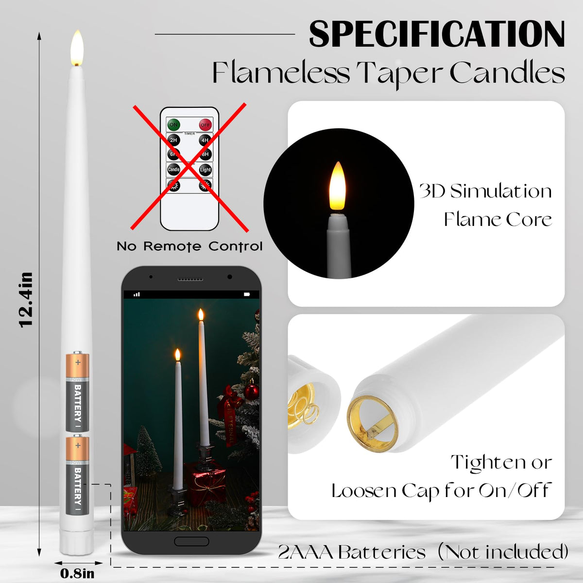 Baquler 100 Pcs Extra Long Flameless Taper Candles 12.4 inch Battery Operated Taper Candle Bulk LED Flickering White Candlesticks for Wedding Church Table Centerpiece Halloween Christmas Party Decor