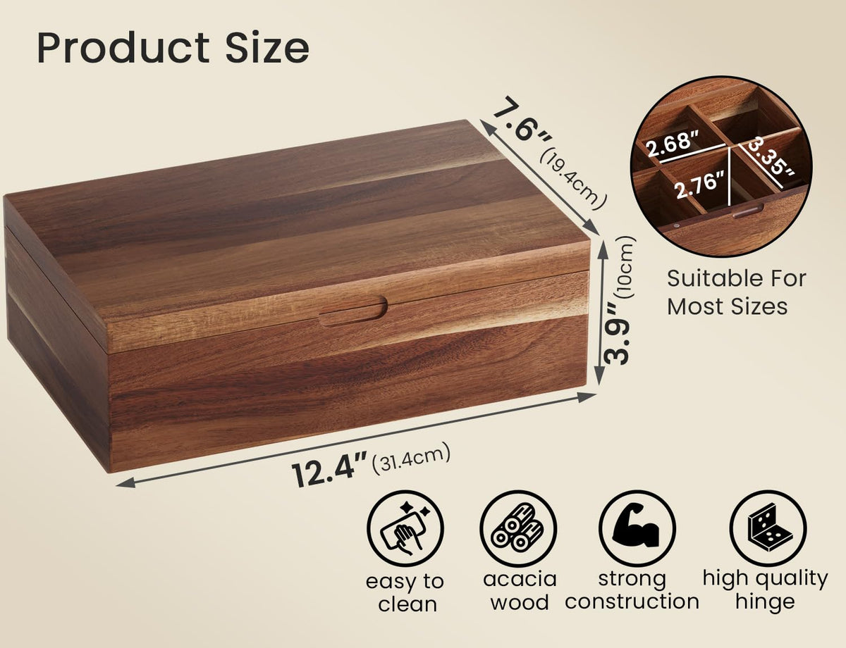 Danfoxer Acacia Wood Tea Bag Organizers, Tea and Sugar Packet Storage Chest with Lid, Wooden Teabag Holder Containers,Tea Box with 8 Compartments