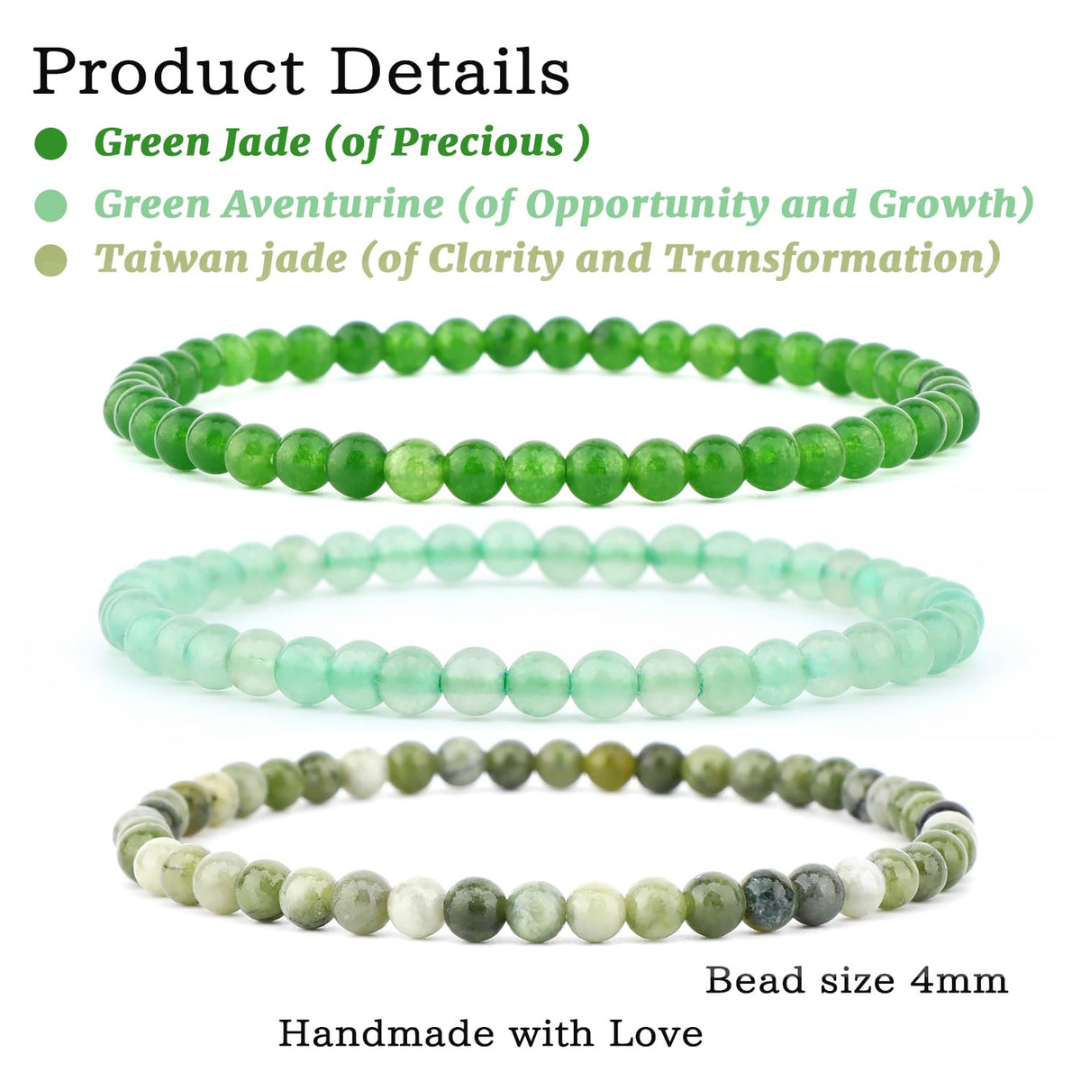 NCB 3-Piece 4mm Natural Crystal Gemstone Stretch Bracelets – ﻿Green Jade, Green Aventurine, Taiwan Jade Handmade Reiki Energy Healing Jewelry for Meditation,Yoga, Unisex
