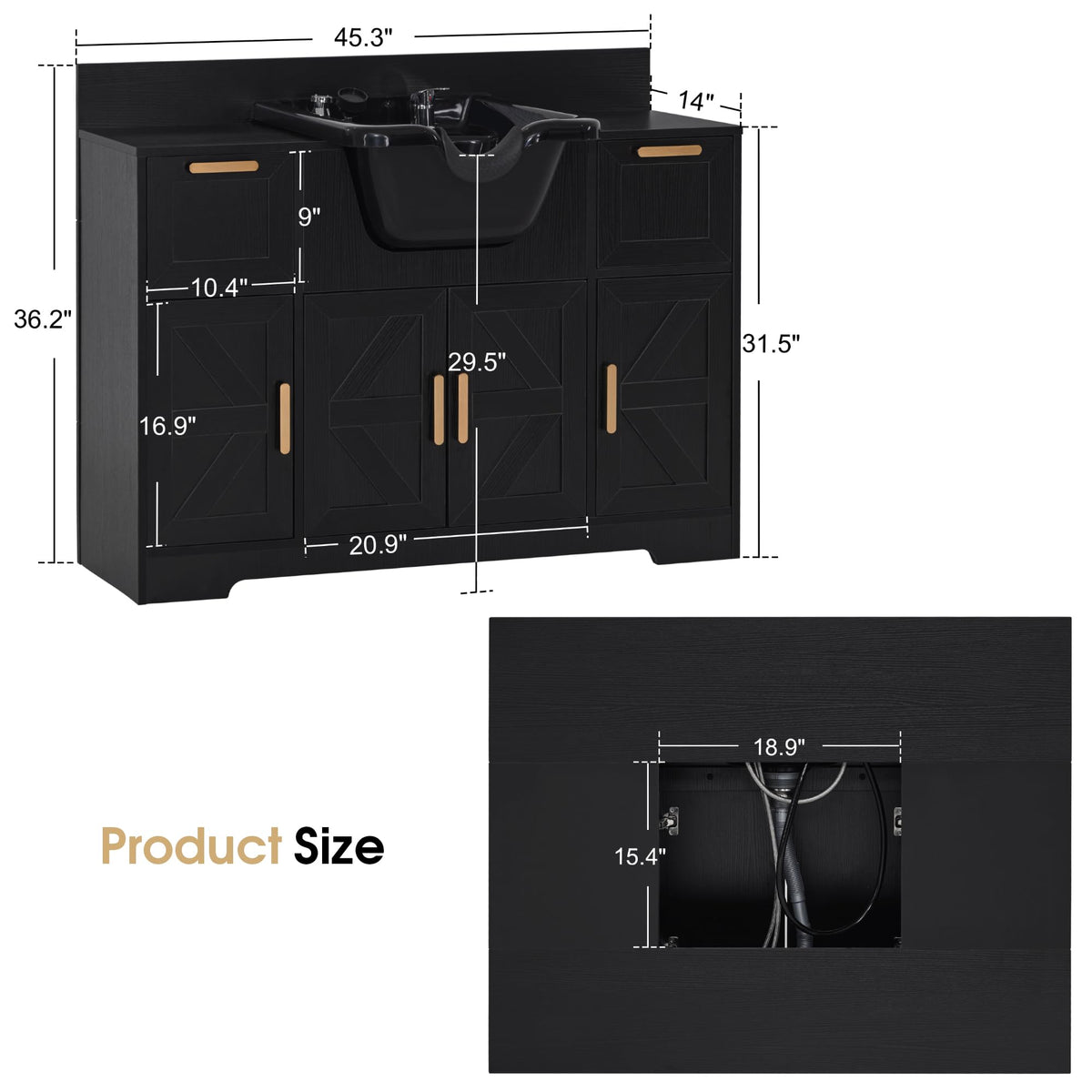 BarberPub Portable Shampoo Station, Shampoo Bowl with Cabinet & Drawer, Salon Geometric Finish Station with Sprayer Faucet, Barber Storage Equipment with Hair Wash Backwash Sink 3439 (Black)