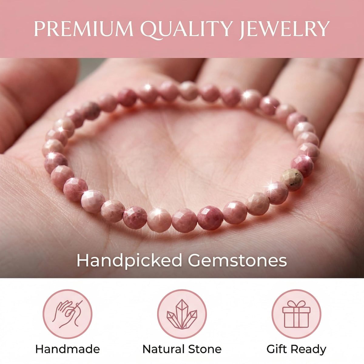 Angelstones Natural Pink Rhodonite Gemstone Small Beaded Stretch Bracelet, 4mm Faceted Round Beads, Crystal Healing Bracelet for Women