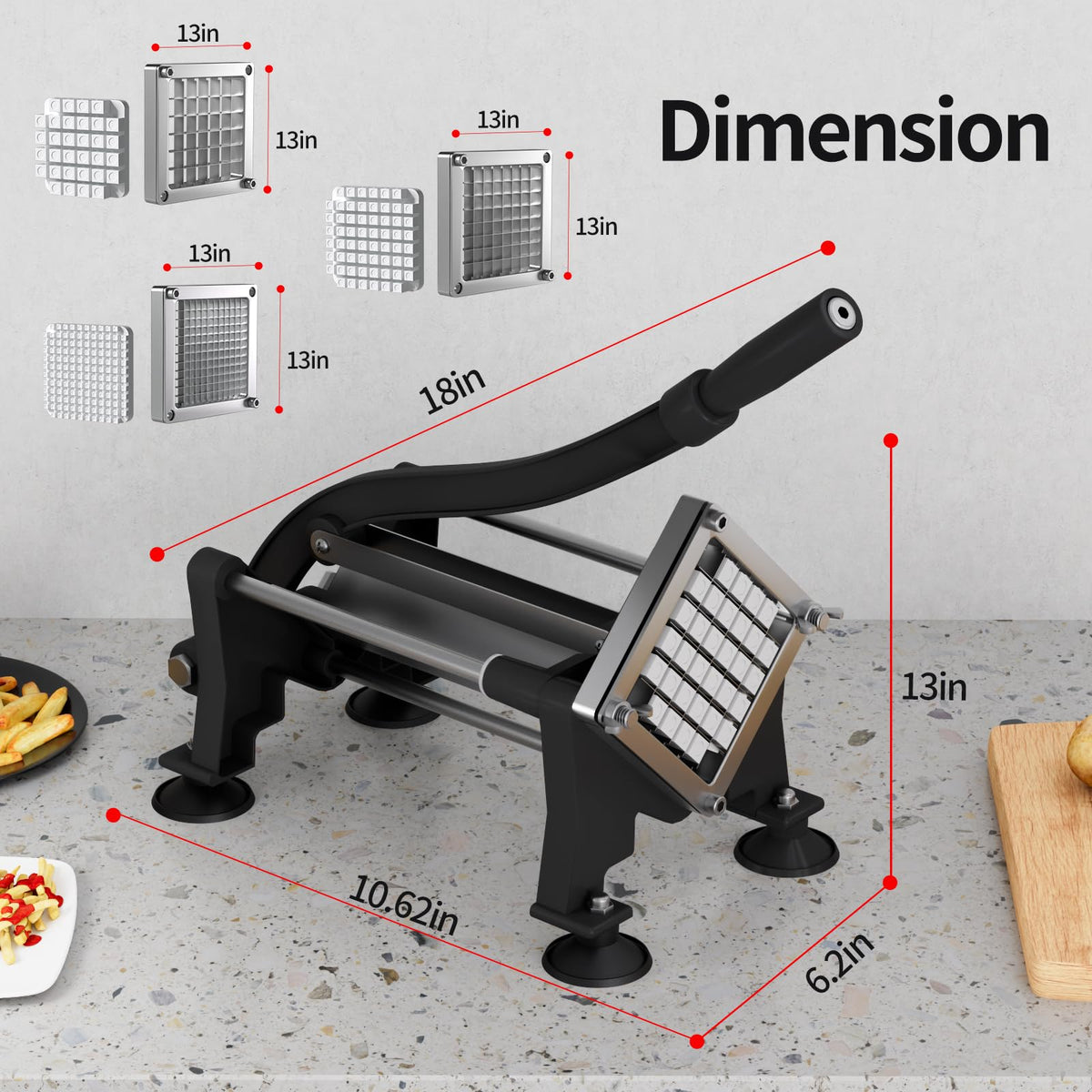 French Fry Cutter for Potatoes Slicer with Suction Feet Complete Set, Stainless Steel Potato Cutter with 1/4", 3/8",1/2",8 Blades for Sweet Potato, Carrot, Yam(Full Combo)