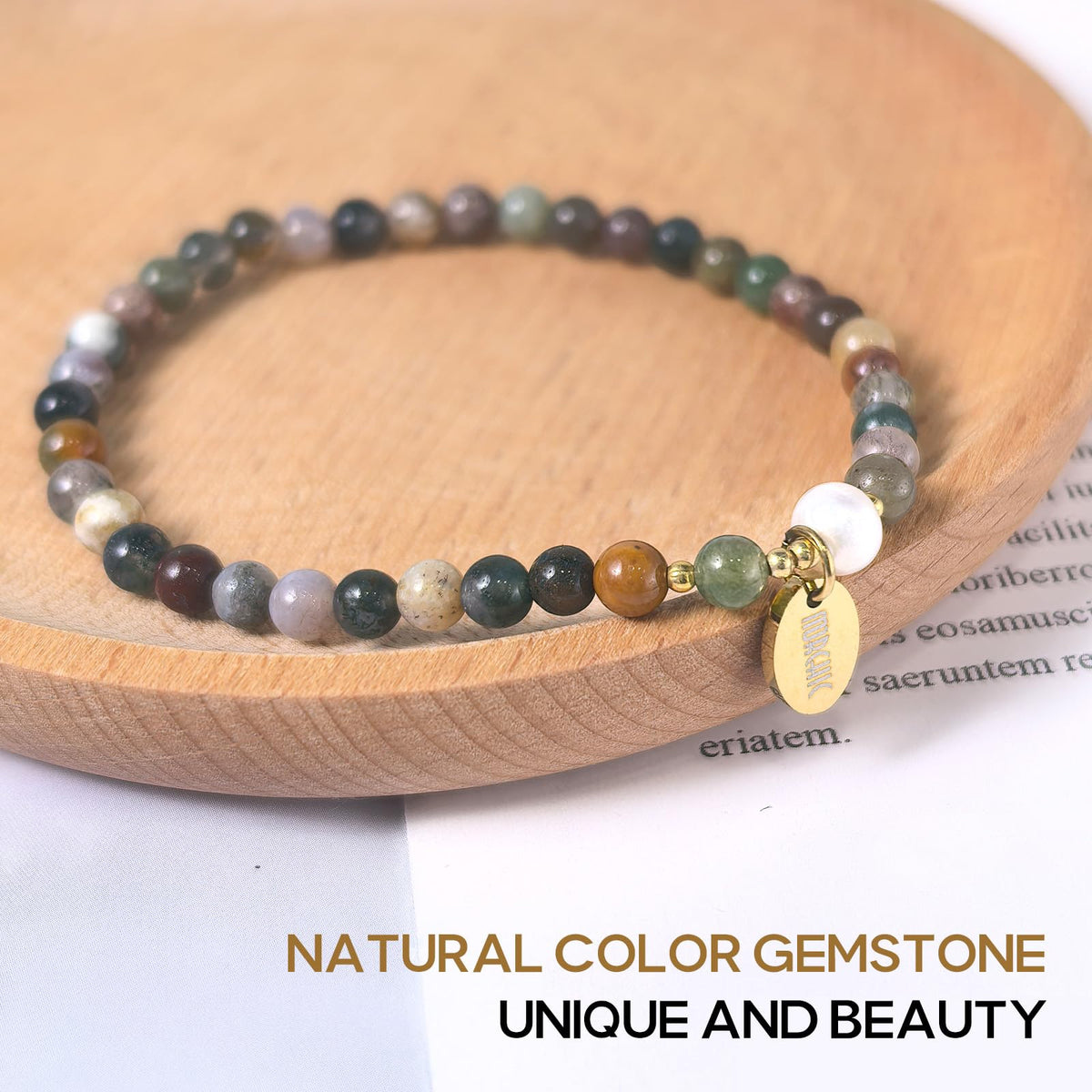 Morchic 4mm Natural India Agate Gemstone Beads Stretch Bracelet for Women, With Freshwater Pearls, Energy Gem Birthday Gift for Her 7.2”