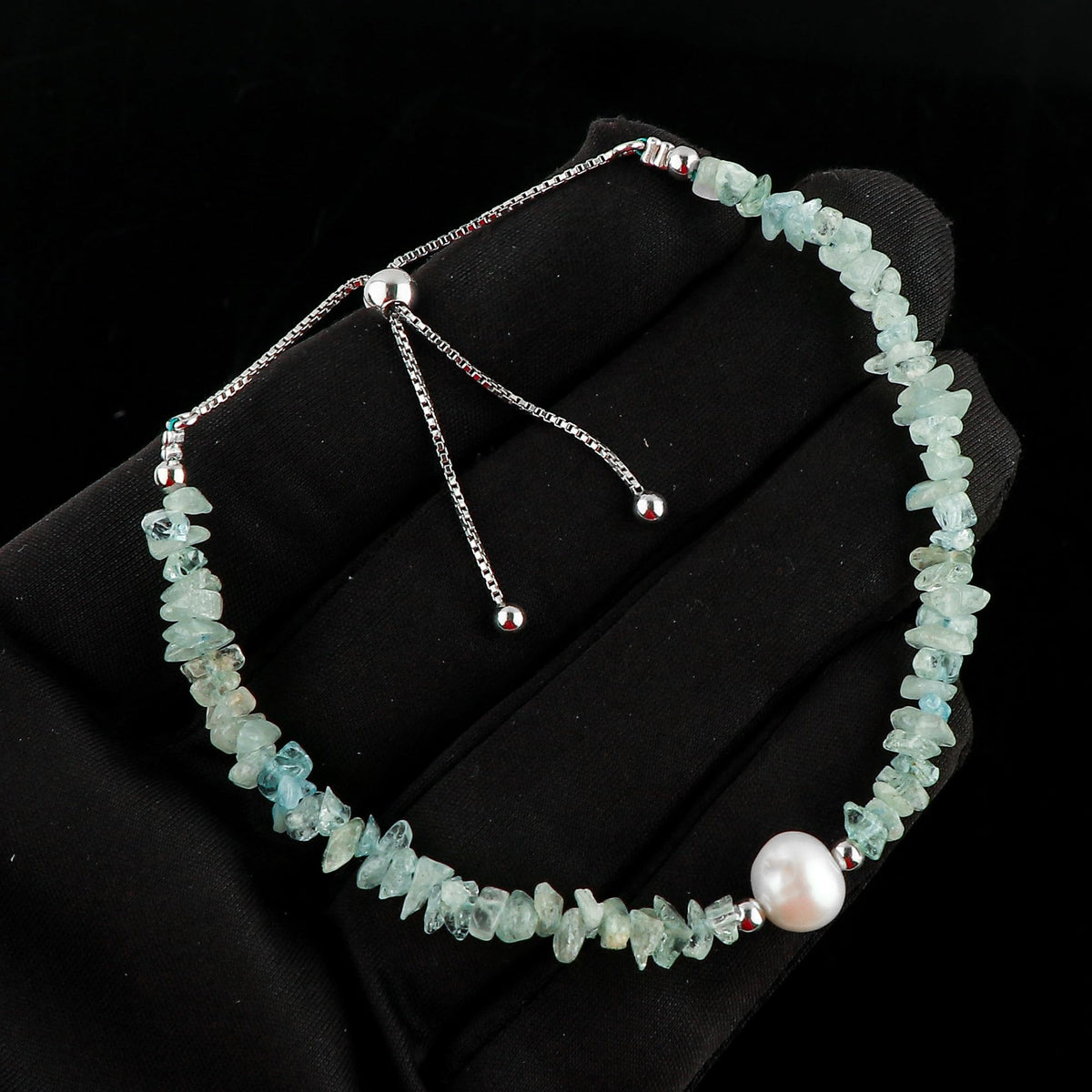 CRYSTALIS Natural Aquamarine Beads Slider Bolo Bracelet with Elegant Pearl, Uncut Chips Nuggets Crystals, Chakra Healing Gemstone, Women Jewelry, 925 Sterling Silver Slider 10 inch