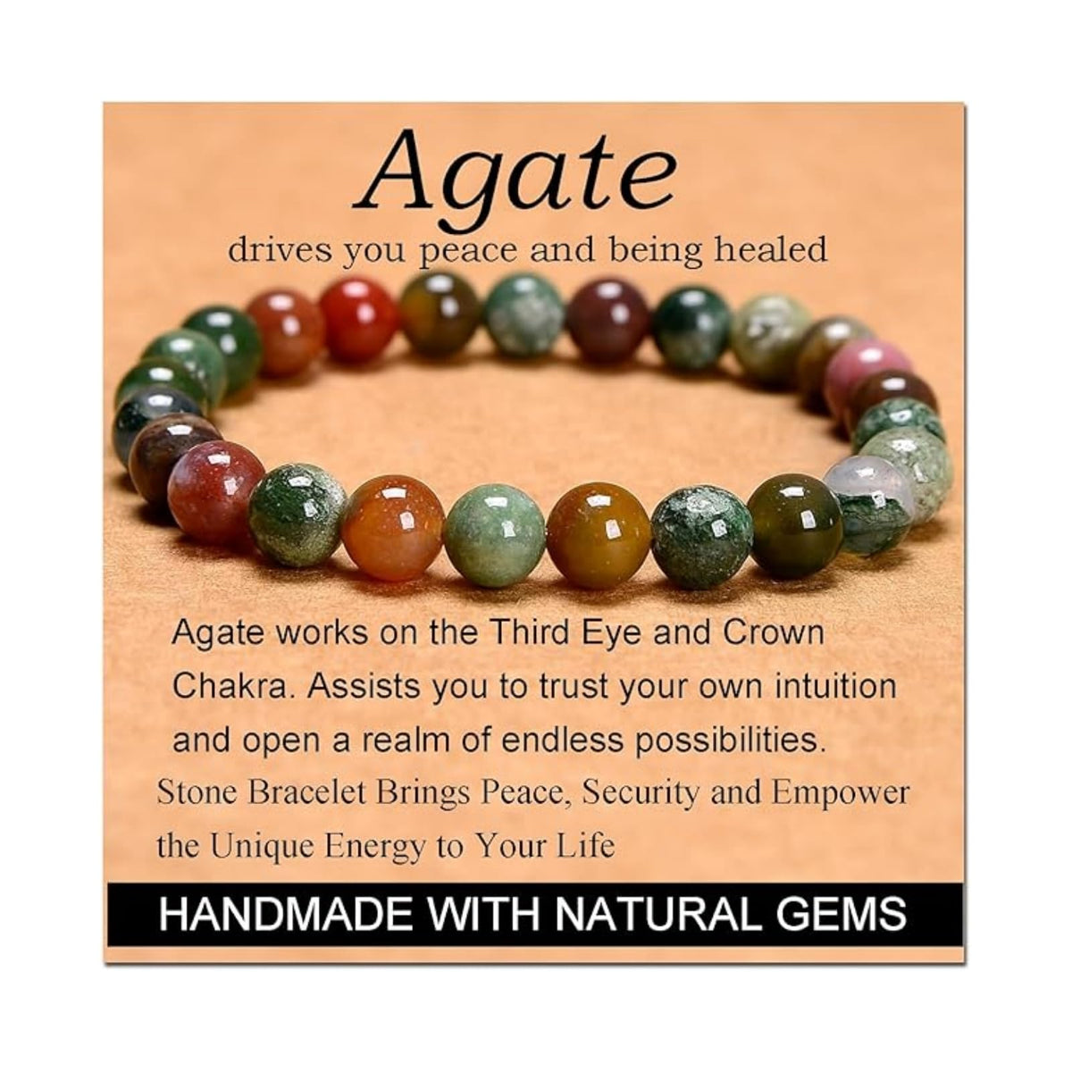 CHELYQST Indian Agate Bracelet - Stone of Peace and Being Healed,Stretch Natural Stone Crystal Beads Jewelry Gifts for Women Men Unisex Adult,8mm