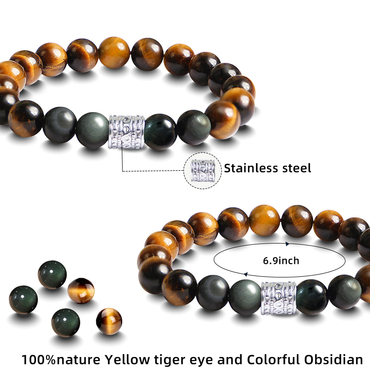 Tiger Eye Obsidian Beaded Bracelets For Men Gemstone Bracelets For Men &Women Fashion Natural Stone Men‘s Jewelry (colourful black&yellow)
