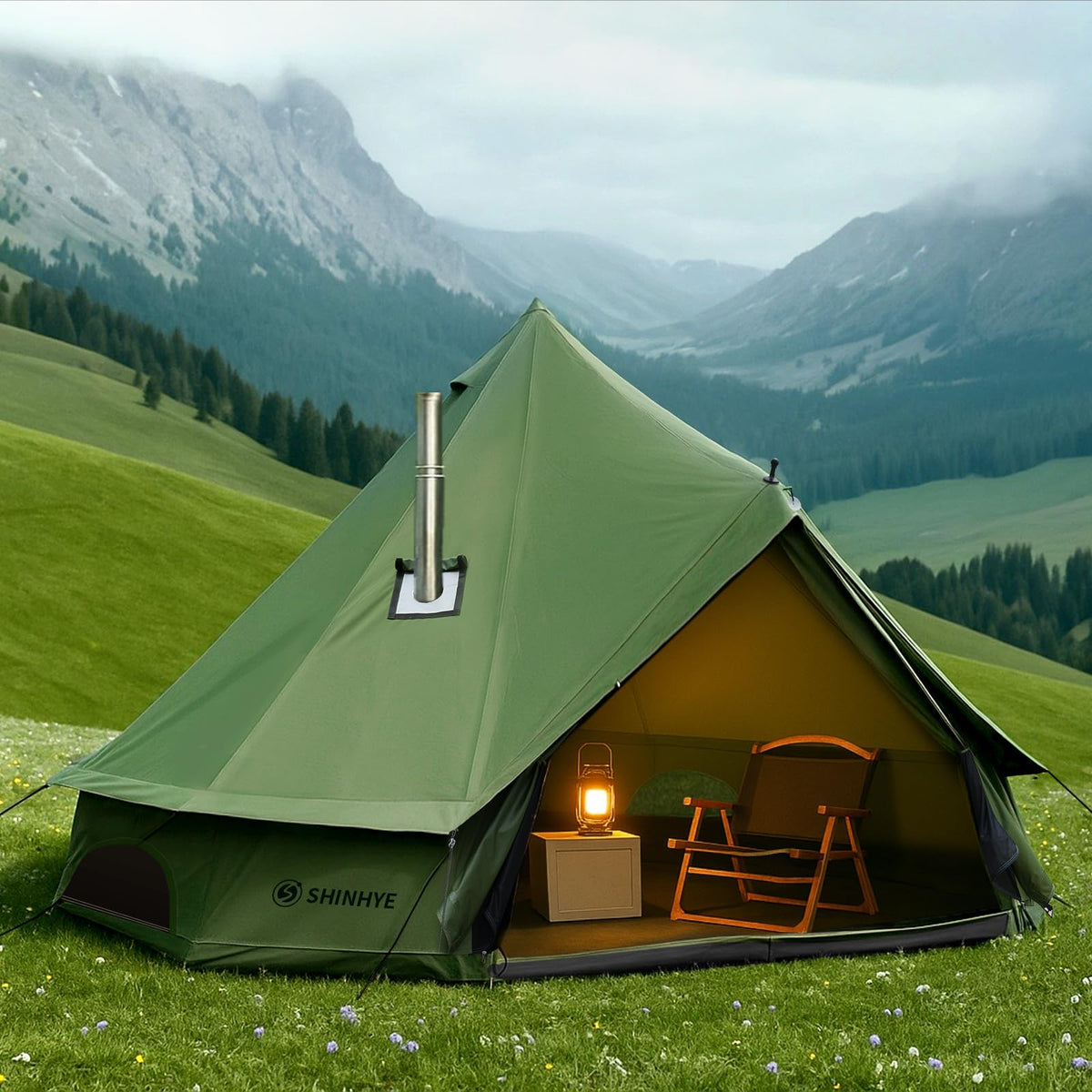 Canvas Bell Yurt Tent with Stove Jack, Waterproof Luxury 4 Season Tents for Family Outdoor Camping 100% Cotton Green Glamping Tents for Hunting, Partie, All Year Living (3M- 97 sq. ft yurt)