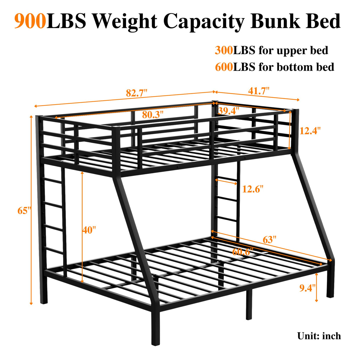 Bellemave Metal Bunk Bed Twin XL Over Queen with Ladder ＆ Full-Length Guardrails, Heavy Duty Bunk Bed Frame with Sturdy Slats, Twin XL Over Queen Bunk Beds, Noise Free, No Box Spring Needed, Black