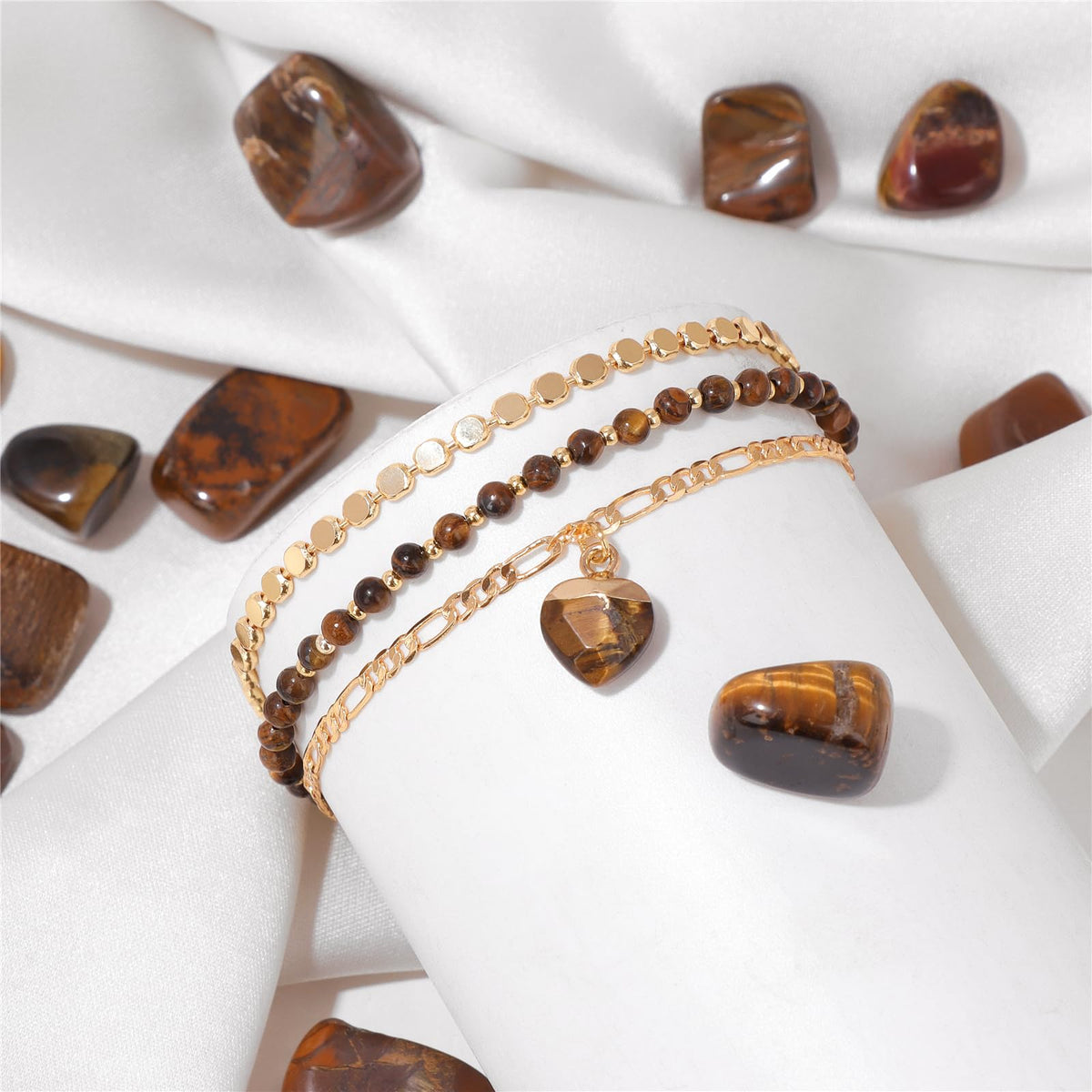 Raicegs Tigers Eye Bracelets Set Stone Bracelet for Women Layered Crystal 3mm Beads Bracelet Adjustable Bracelet for Women Dainty Bracelet