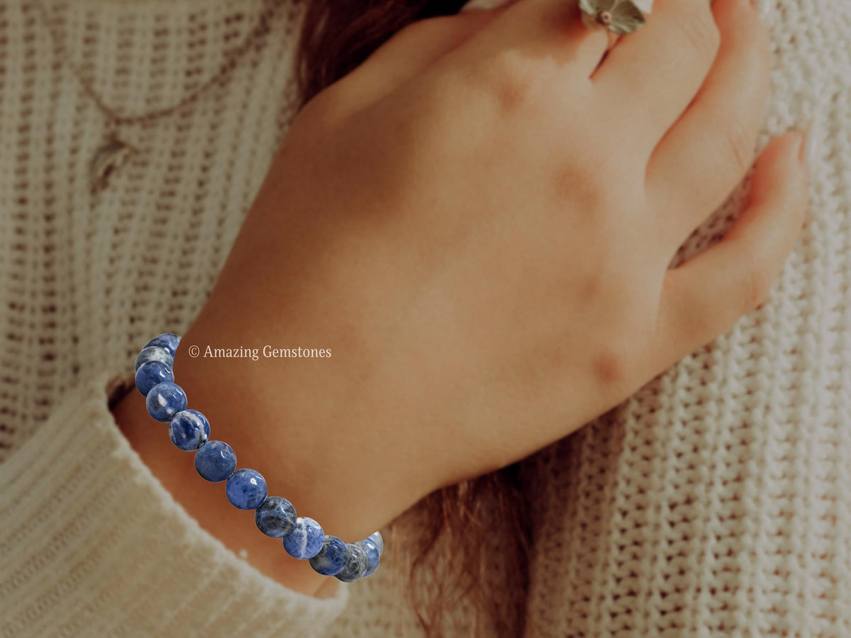 Amazing Gemstone Sodalite Bracelet for Women - Chakra Mens Bracelet Protection Crystals and Healing Stones - Blessing Spiritual Meditation Stocking Stuffers (Faceted Beaded Bracelet)