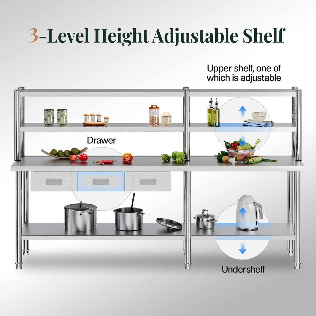 Jocisland 96"x24" Stainless Steel Work Table with Overshelves, 2/3 Drawers, Adjustable Shelf & Hooks, Food-Grade Stainless Steel Heavy-Duty Prep Station for Commercial Kitchen, Restaurant, or Garage