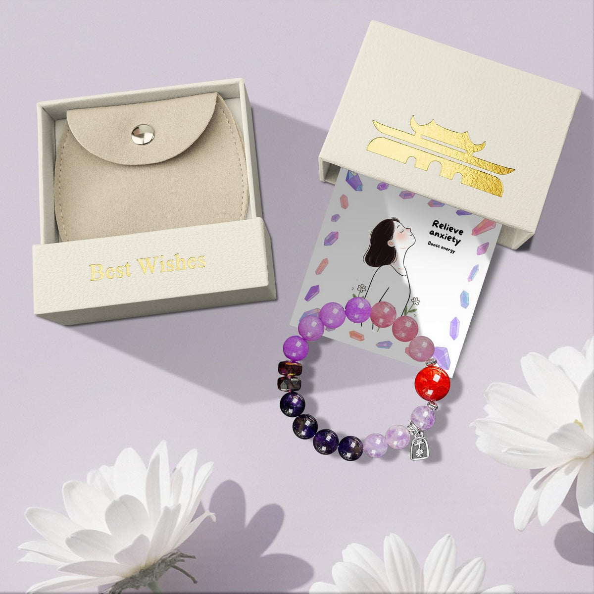 CNYTPE Healing Crystal Bracelet for Women – Amethyst Feng Shui Beaded Bracelet for Anxiety Relief, Spiritual Energy, Zodiac Protection, Chinese Style Lucky Gift (Amethyst Style)