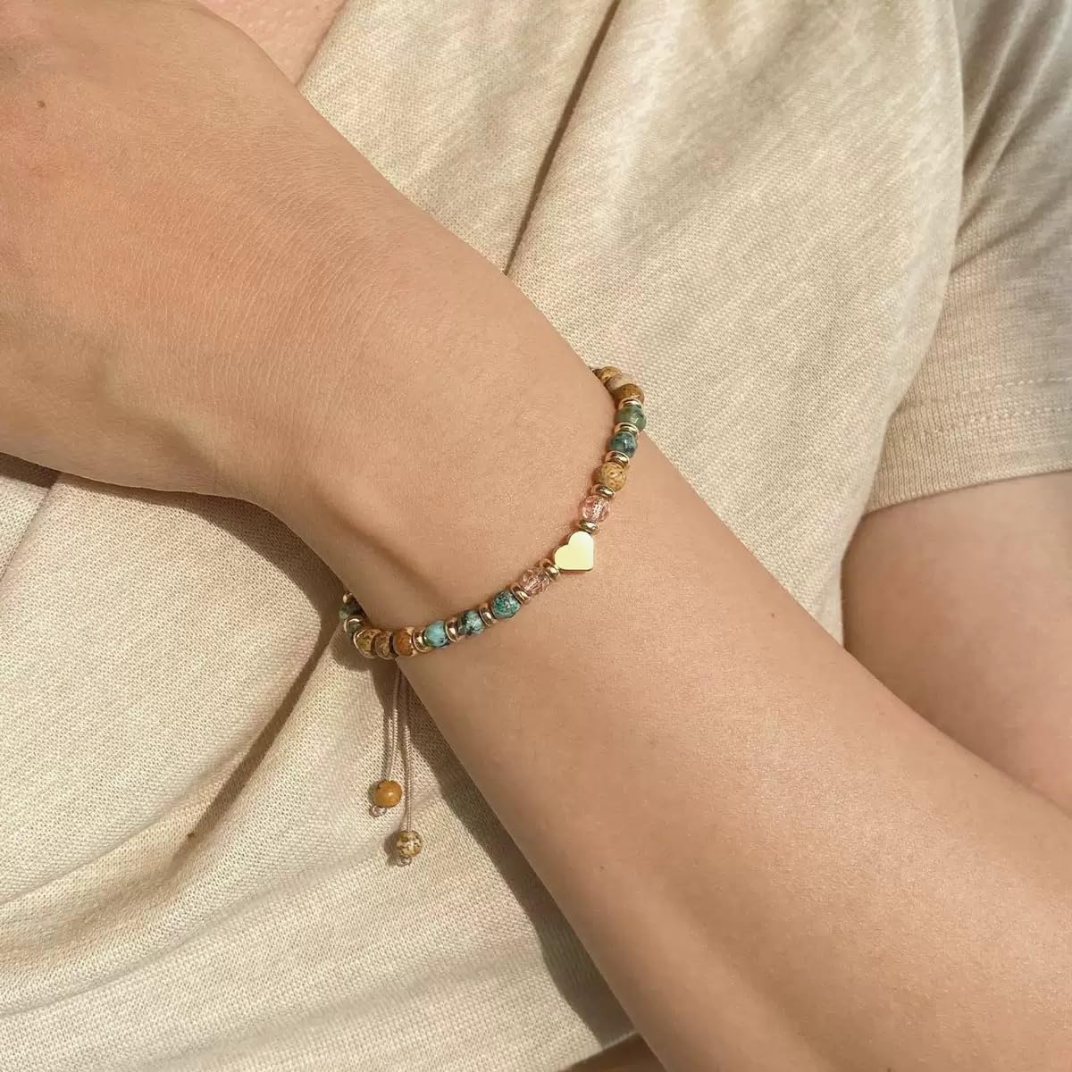 TUQBA Inspirational Healing Bracelet for Women, Get Well Soon, Gift for Her, Mothers Days Gifts, Christmas, Baptism Birthday Strawberry Quartz, Jasper Turquoise Mom with Message