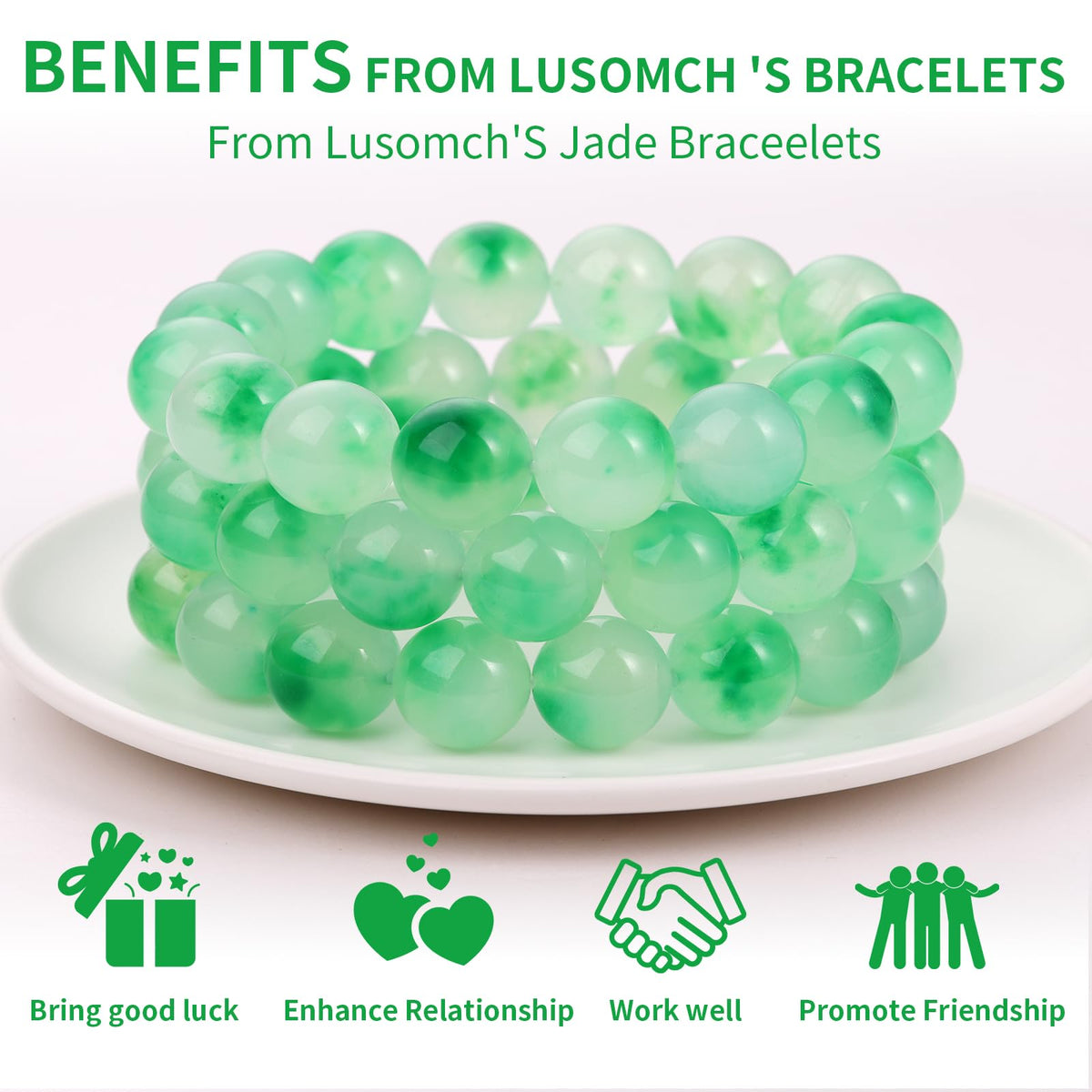 Handmade Natural Jade Beaded Bracelet for Women & Men – Genuine Green/White Jade Gemstone Stretch Bracelet – Lucky Energy Healing Jewelry Gift for Peace, Prosperity & Protection GG