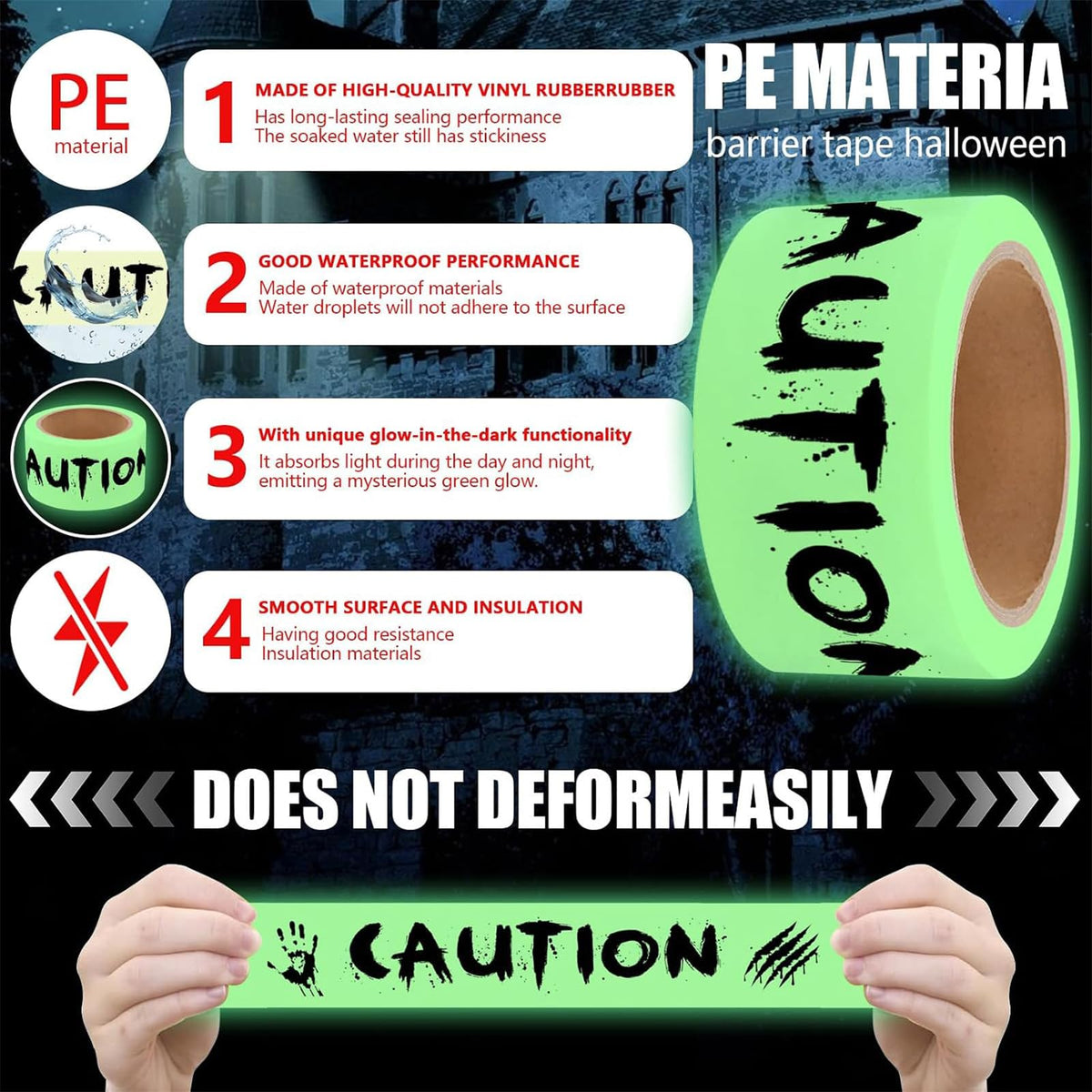 Zeptrix Glow in The Dark Halloween Decorations Caution Tape 2inx32.8ft Scary Warning Glow Tape Roll Indoor Outdoor Barricade Safety Night Decor Spooky DIY Home Party Door Danger Zones Office Yard