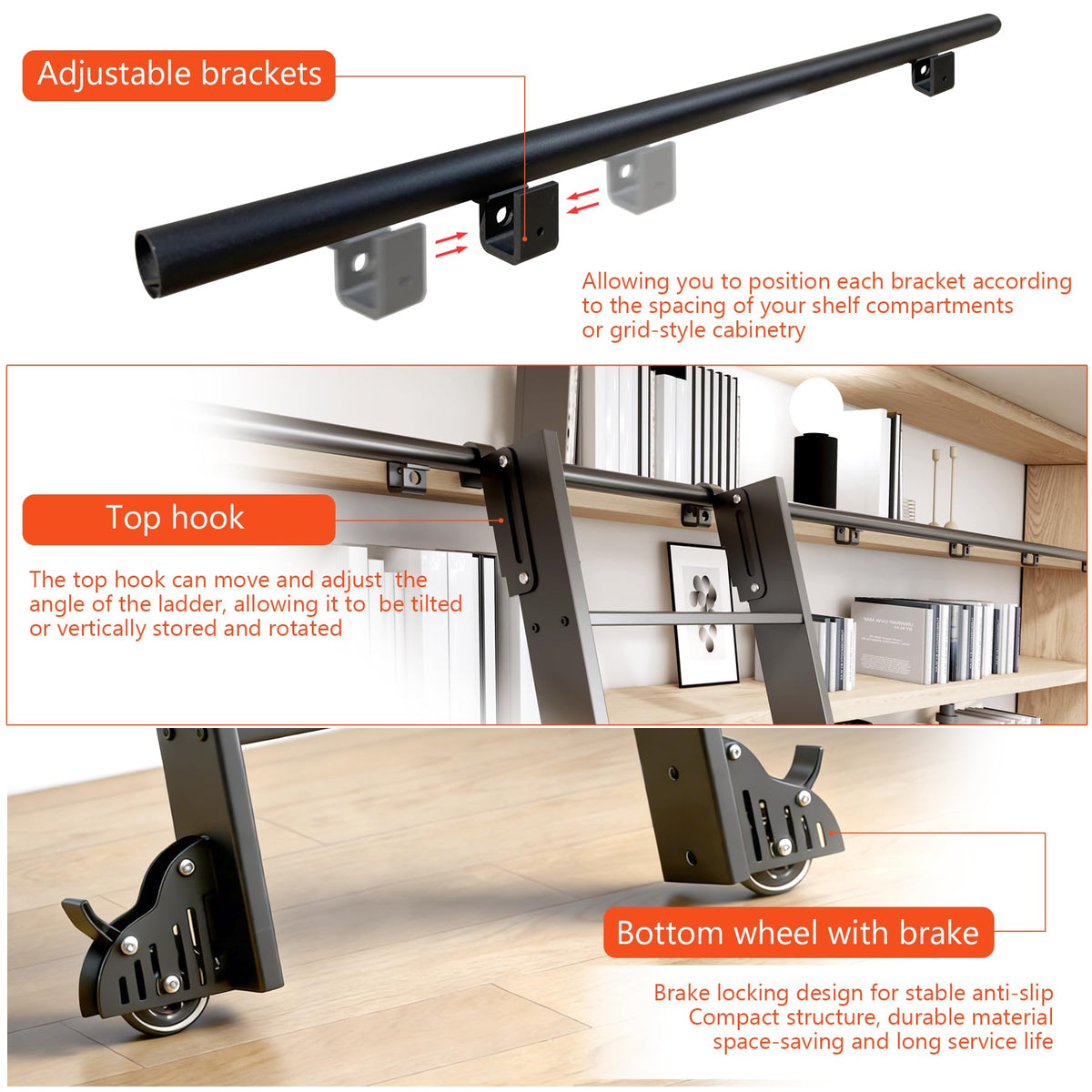 DIYHD 96" Lightweight Sliding Library Ladder with Handrail, Rolling Bookshelf Ladder with 4FT Rail System, Telescopic Top Hook, Upright Space-Saving Storage Design, 8 Steps, 300 Pound Capacity, Black