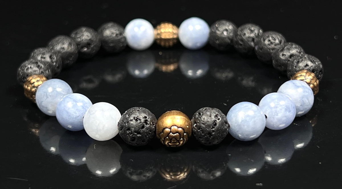 AWAKEN YOUR KUNDALINI Lava Rock & Aquamarine Stretch Bracelet – 8mm Beads, Copper Spacers