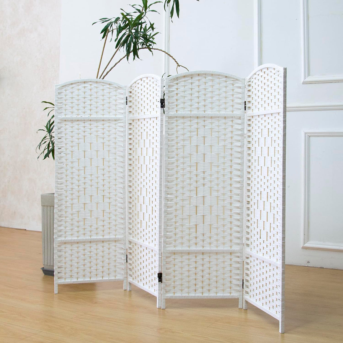 Furnnylane 4 Panel Rattan Divider Short Room Partition Screen,Double Sided Folding Divider for Room Separation,White,47.2" H x 63" W
