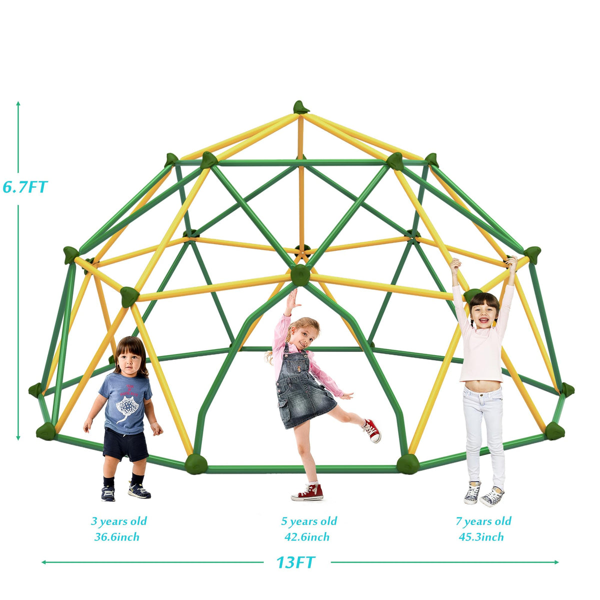 13ft Large Kids Climbing Dome Geometric Jungle Gym Play Structure with 1000 LB Capacity Green & Yellow Outdoor Play Equipment for Backyard Weather-Resistant Steel Frame