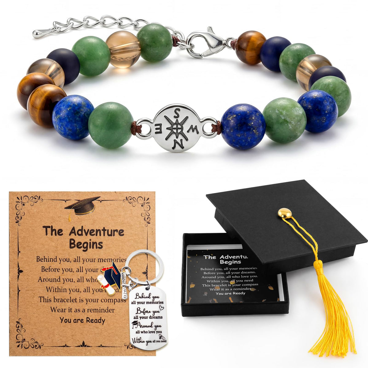 2026 Graduation Bracelet Gift Set for Her Him, 7 Chakra Bracelet & Matte Natural Stone Beaded Bracelet with Compass, Graduation Keychain, Inspirational Card & Gift Box for Middle High School Colle (Minimalist Matte)