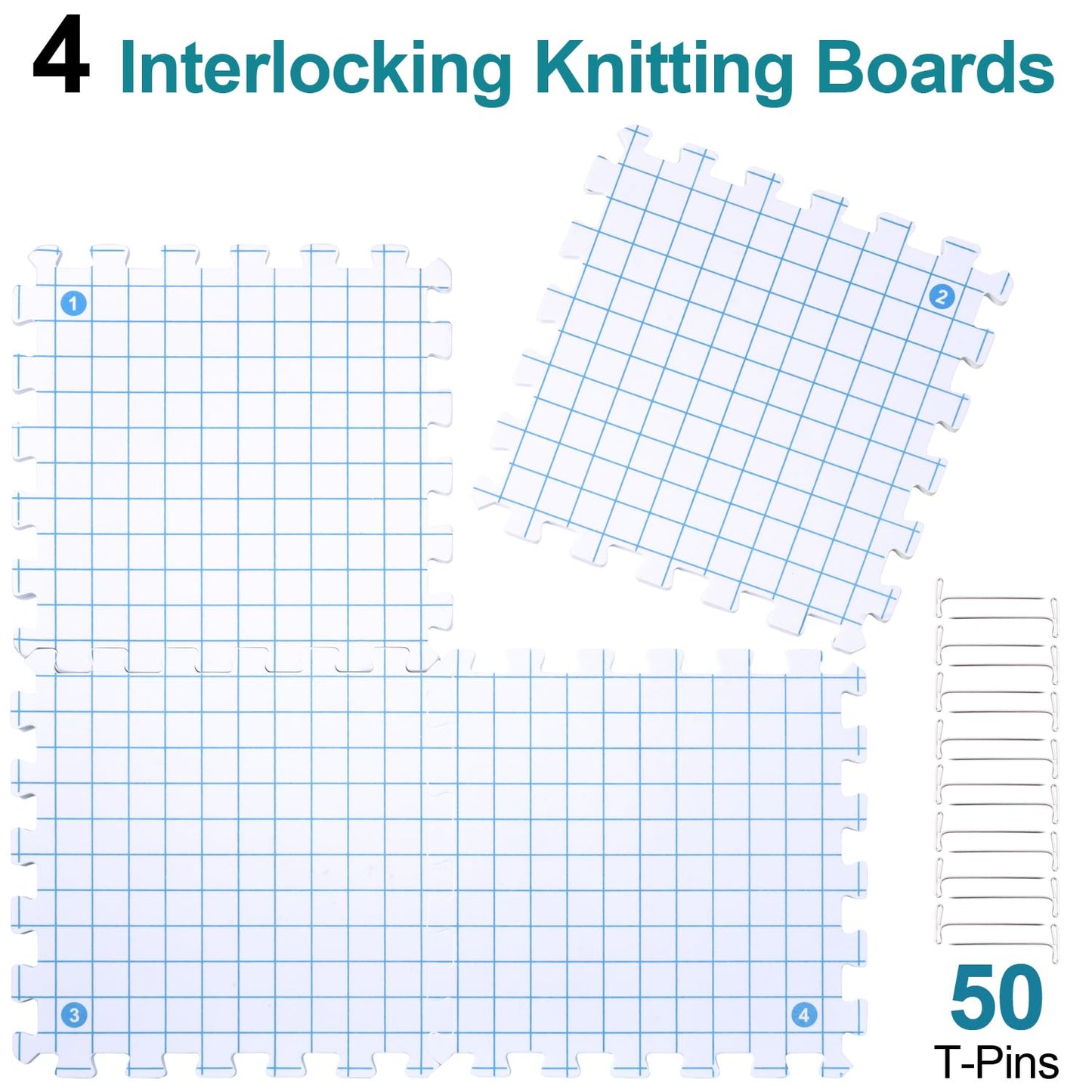 Interlocking Blocking Mats - 4-Pack Blocking Mats for Knitting and Crochet Projects, 12'' W x 12'' L Knitting Blocking Mats with 50 T-Pins
