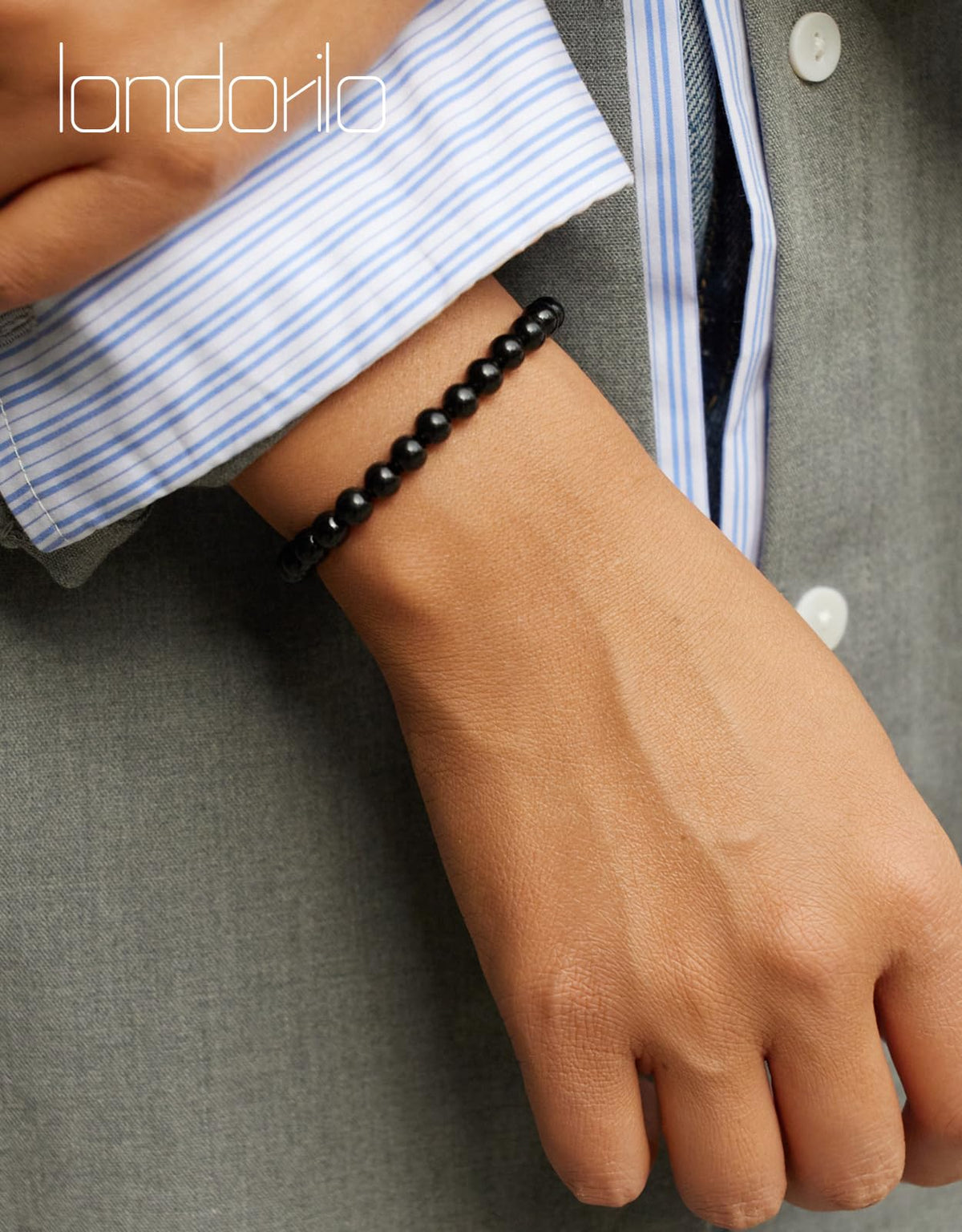 Landorilo Beaded Bracelet for Men Women, 6mm Natural Stone Black Onyx Healing Crystal Stretch Bracelets, Ideal Christmas Birthday Jewelry Gifts with Energy Card，Replacement Beads Included