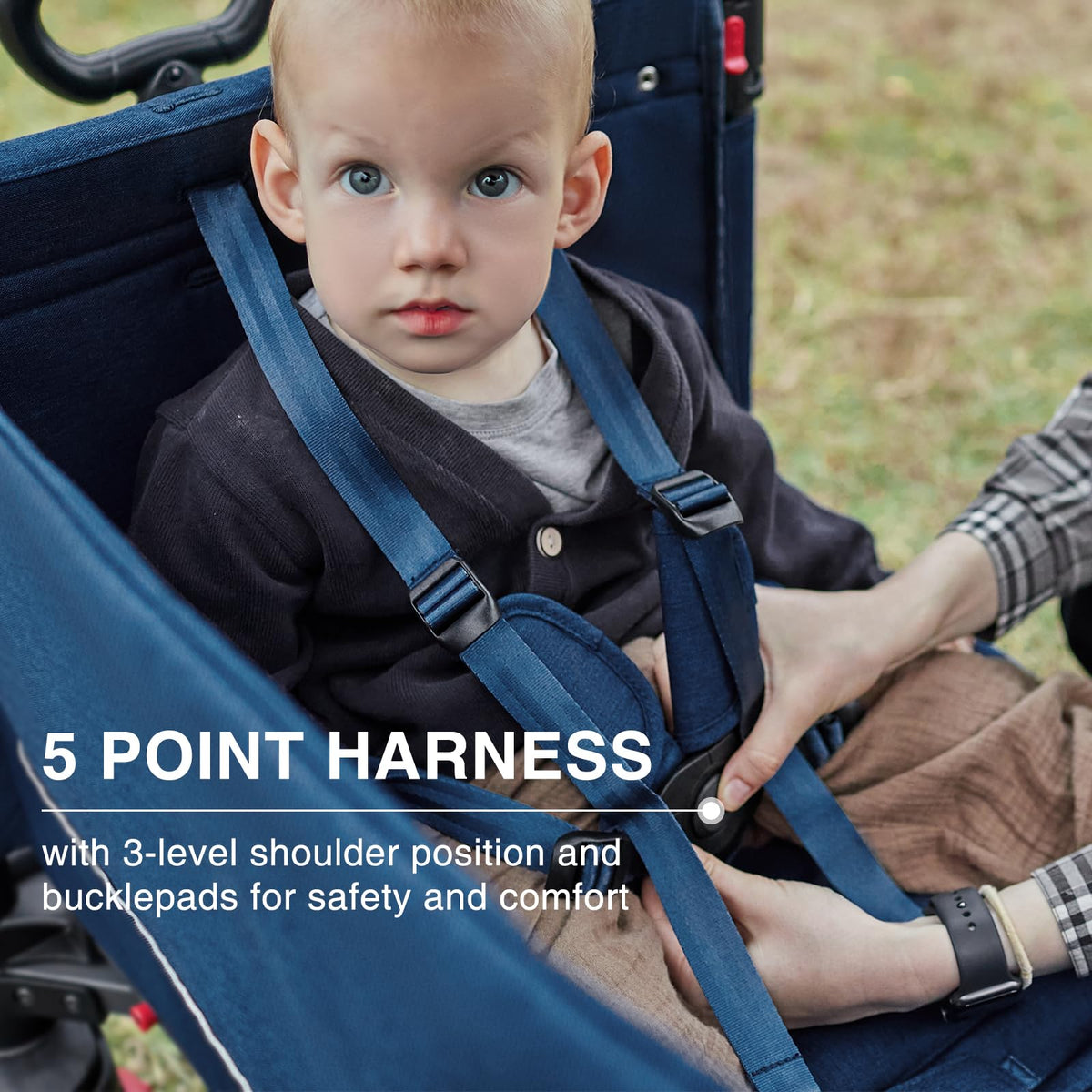 EVER ADVANCED Side-Unzip Wagon Stroller for 2 Kids, Push Pull Stroller with Adjustable Handle, Easy Access Zipper Door, 5-Point Harness Removable UV-Protection Canopy Shock-Absorbing Wheels, Blue