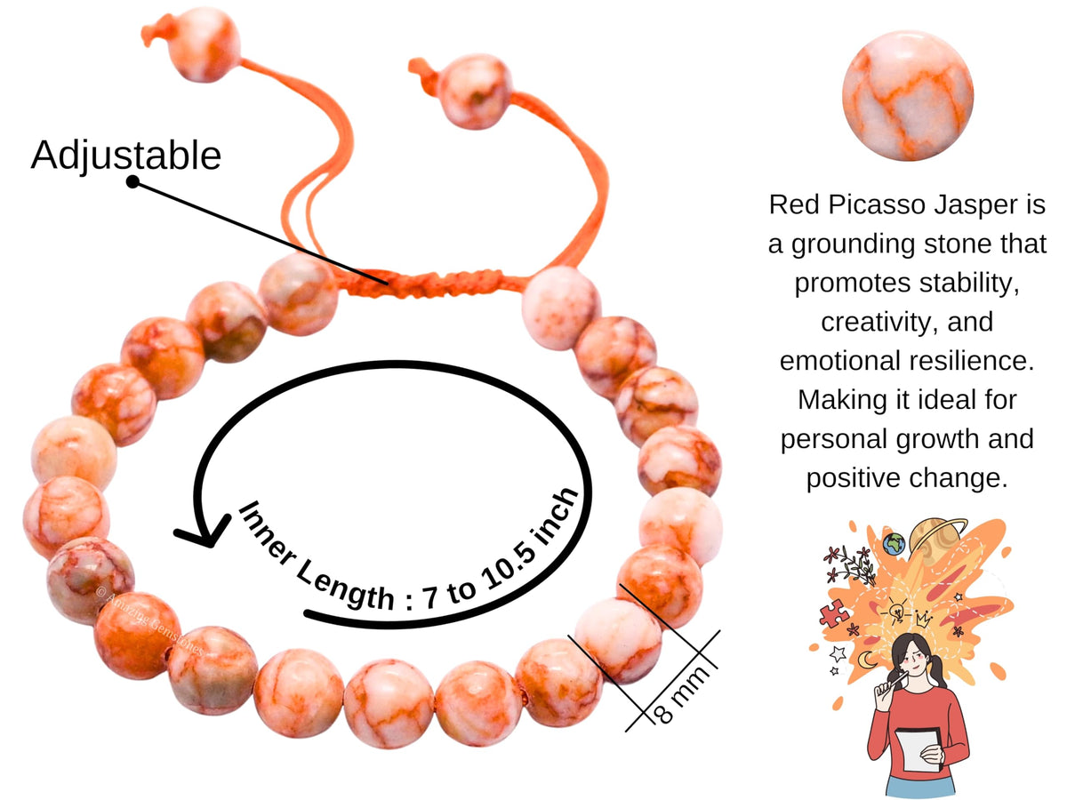 Amazing Gemstone Red Picasso Jasper Bracelet for Women Men's Gifts - Protection Healing Crystal Bracelet - 8mm Gemstone Beaded Adjustable Bracelet Pulseras Para Hombres Mujer Stocking Stuffers