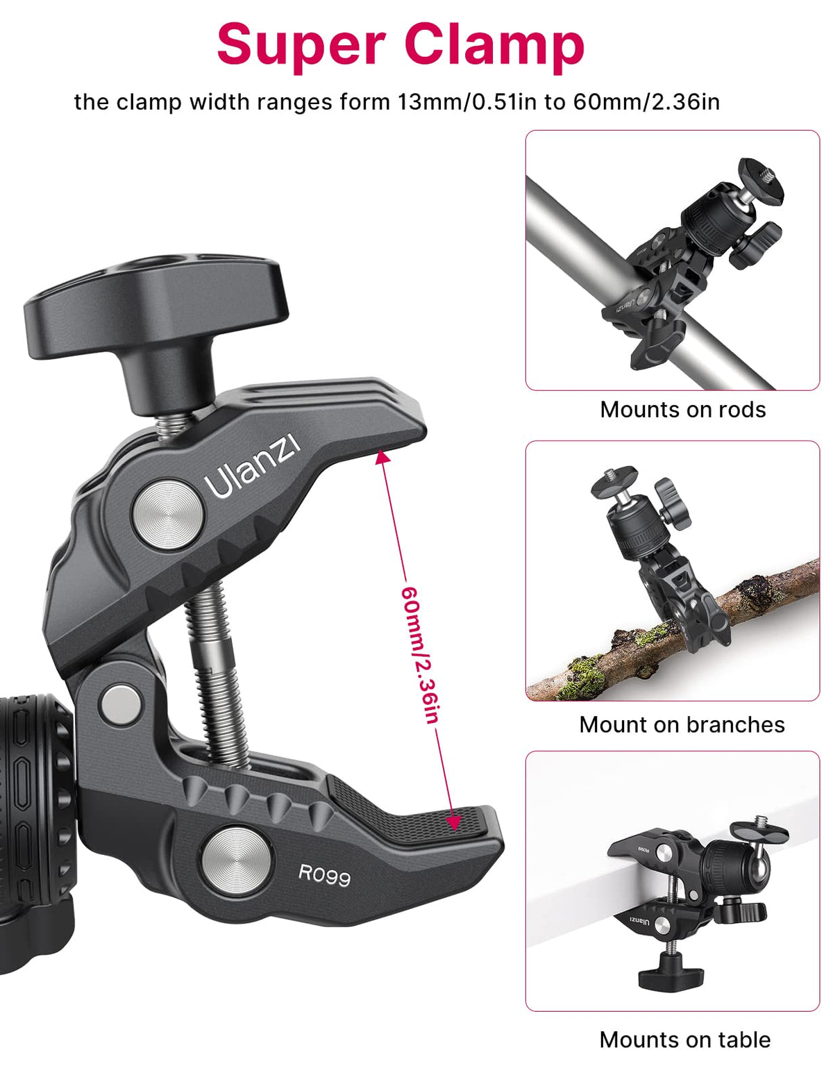 ULANZI R099 Super Clamp Camera Mount - Heavy Duty 3.3lb Load Metal Clamp with 360° Ball Head for Action Cameras (GoPro/Insta360/DJI), DSLR, Bike/Motorcycle Handlebar, Pole/Tube Mount Accessories