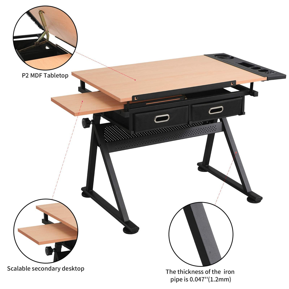 Waful Height Adjustable Drafting Draft Drawing Art Table Desk Tiltable Tabletop Art Craft Paintings Work Station Artist Table for w/ 2 Storage Drawer for Reading, Writing Art Craft Work Station