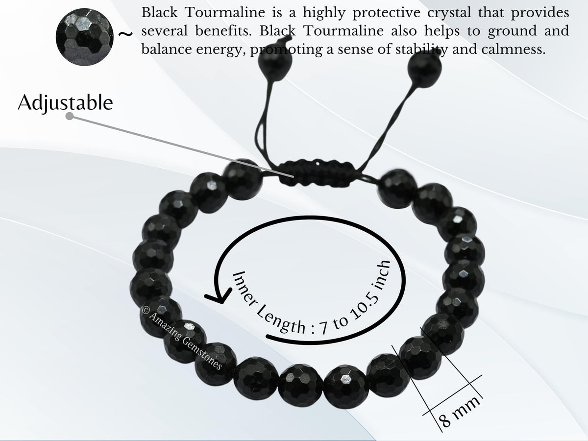 Amazing Gemstone Black Tourmaline Bracelet for Women - Chakra Mens Bracelet Protection Crystals and Healing Stones - Faceted Beaded Bracelet Spiritual Meditation Gift (Adjustable)