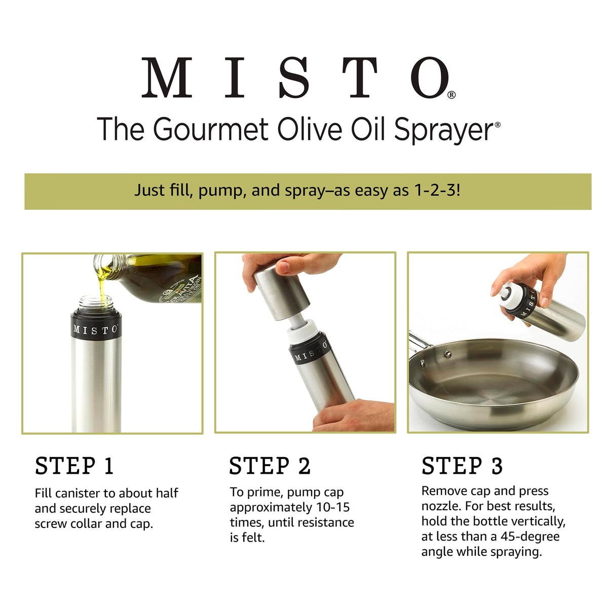 Misto Aluminum Oil Sprayer, Set of 2, Versatile Refillable Aerosol Sprayers for Olive Oil, Vinegar, Lemon Juice, Dressings, and More, Ideal for Cooking, BBQ, and Air Fryers
