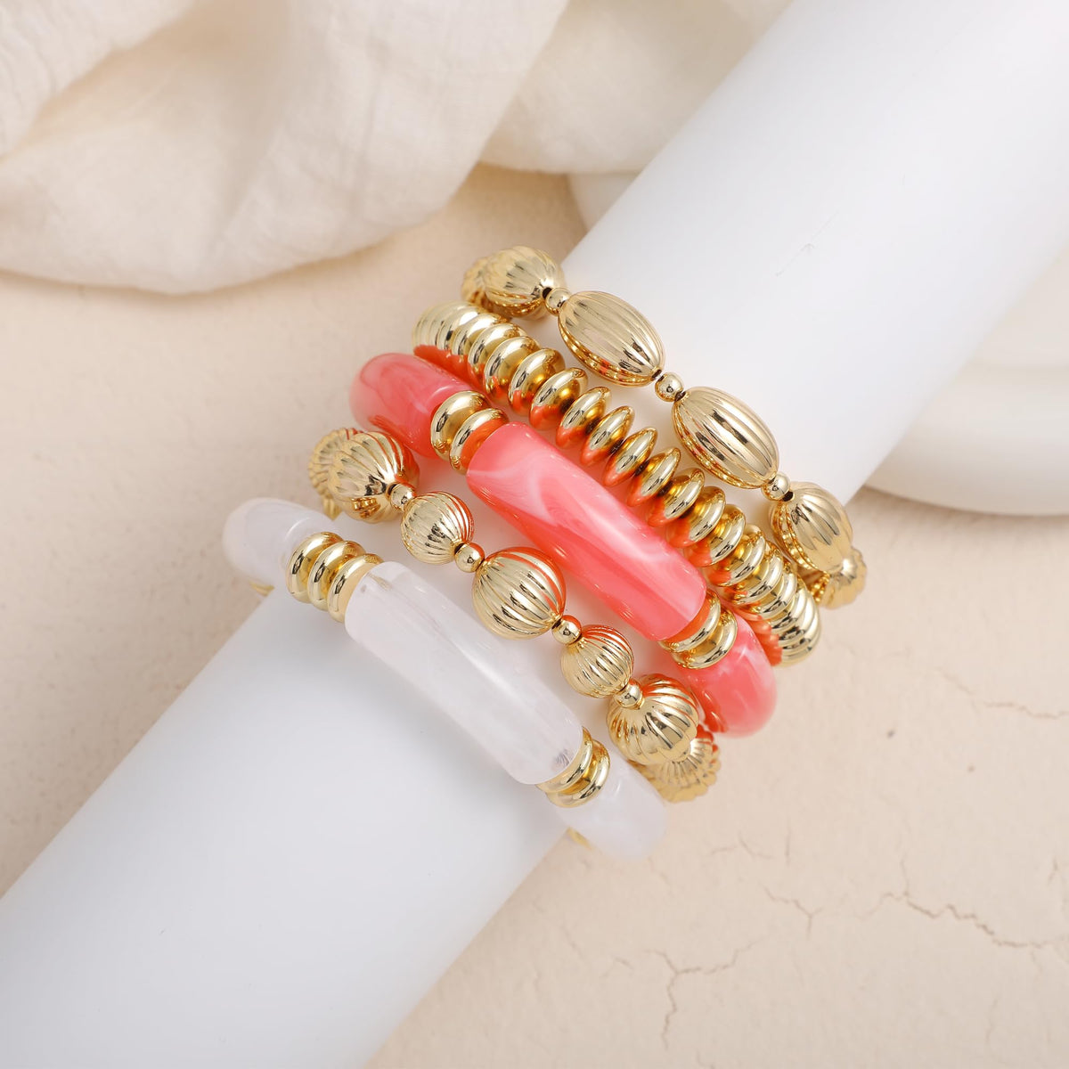 RISHEGAE Chunky Bangle Bracelets for Women Stackable Resin Bamboo Tube Bracelet Stretch Gold Beaded Bracelets Summer Beach Surfer Bracelets Gift Jewelry