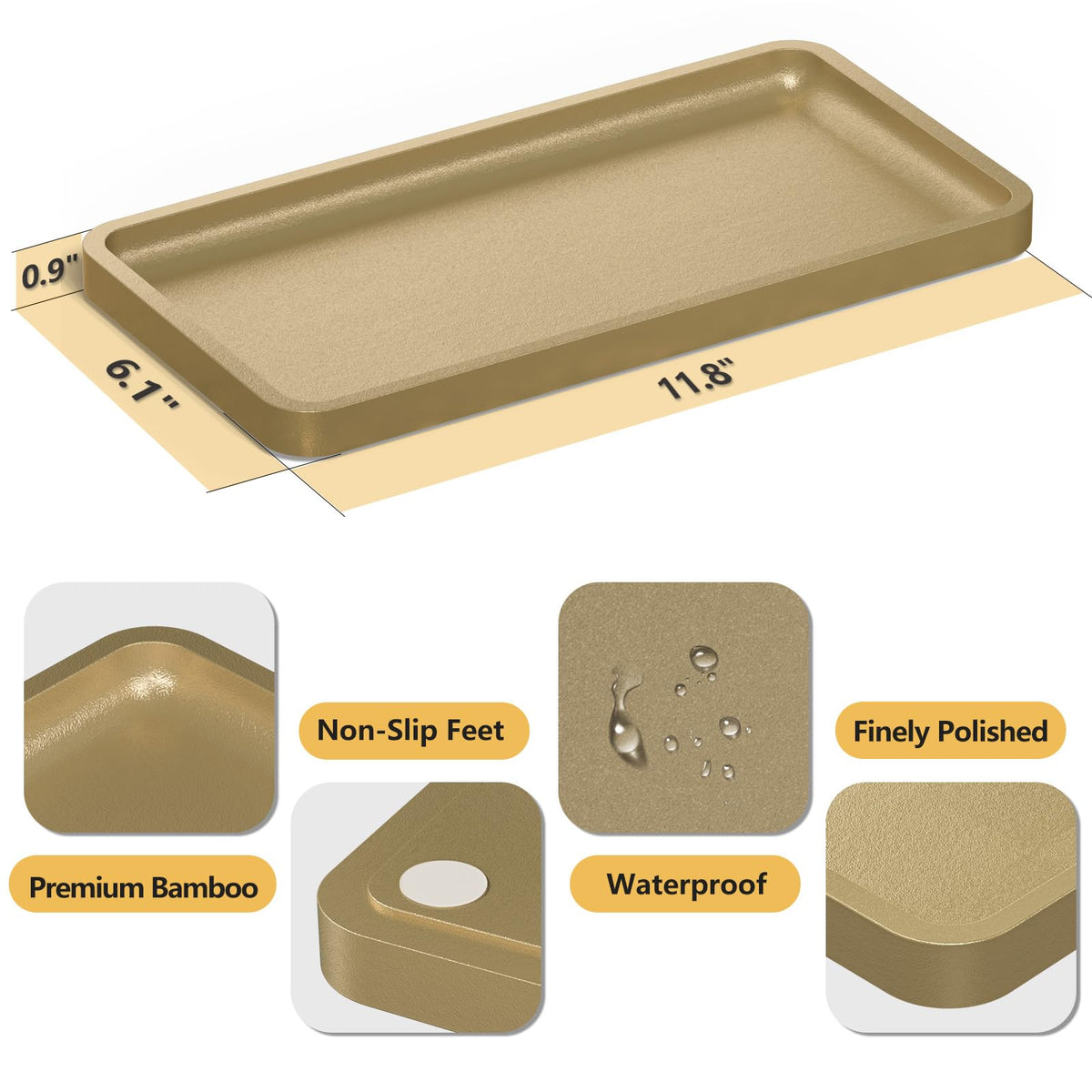Weenson Gold Bathroom Vanity Tray for Countertop Perfume Makeup Jewelry Decor Candle, Bamboo Kitchen Tray for Soap Dispenser Spice Coffee, Toilet Tank Tray 11.81”L x 6.1”W x 0.79”H