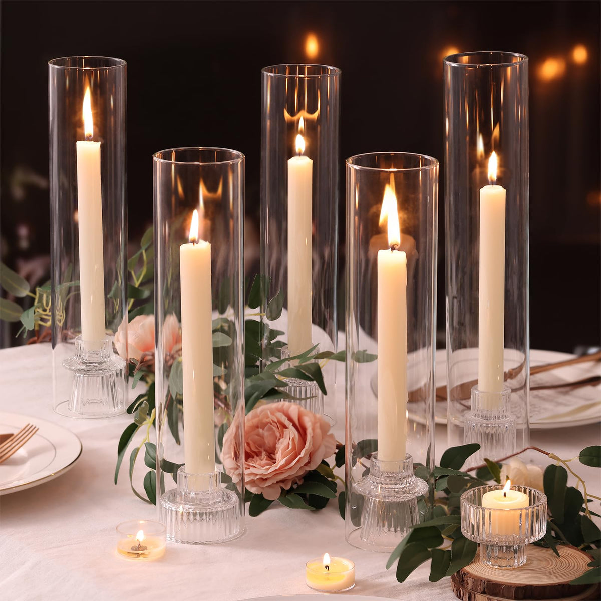 NITIME 3 Set Hurricane Glass Candle Holders for Taper Candles, Candlestick Holders with Windproof Glass Tubes(11.8"/12.6"/13.8" H), Taper Candle Holders for Table Centerpieces, Wedding, Party Decor