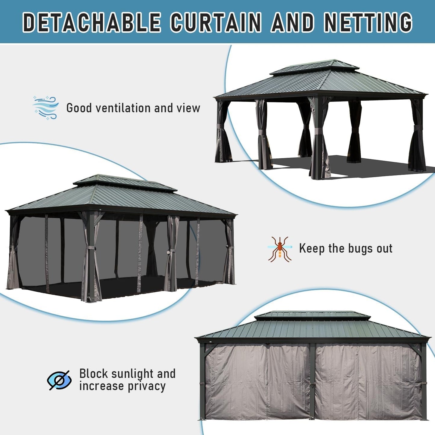 Ginkartu 14x24FT Hardtop Gazebo, Outdoor Gazebo with Galvanized Steel Double Roof, Aluminum Frame, Built-in Gutter System, Curtain and Netting, Metal Gazebo Pavilion for Patio Deck Garden, Grey