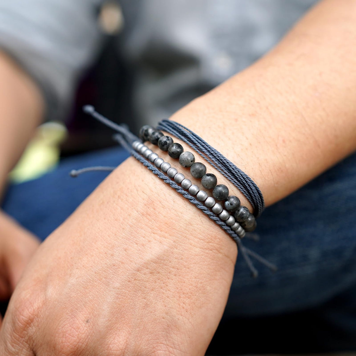 Handmade Natural Stone Beaded Healing Bracelet Gift for Men-Set of 4 Stackable Adjustable Waterproof String Rope Bracelets (larvikite, /)