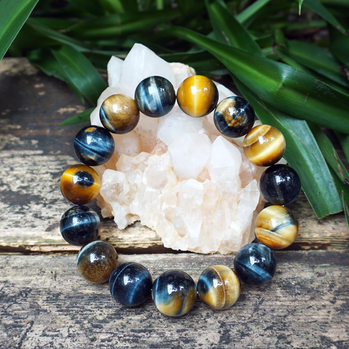 16MM Blue Tigers Eye Bracelet with Gold Eye, Fits for 9" Wrist Men Women | Protection from Evil Gem | Natural Birthstone for June