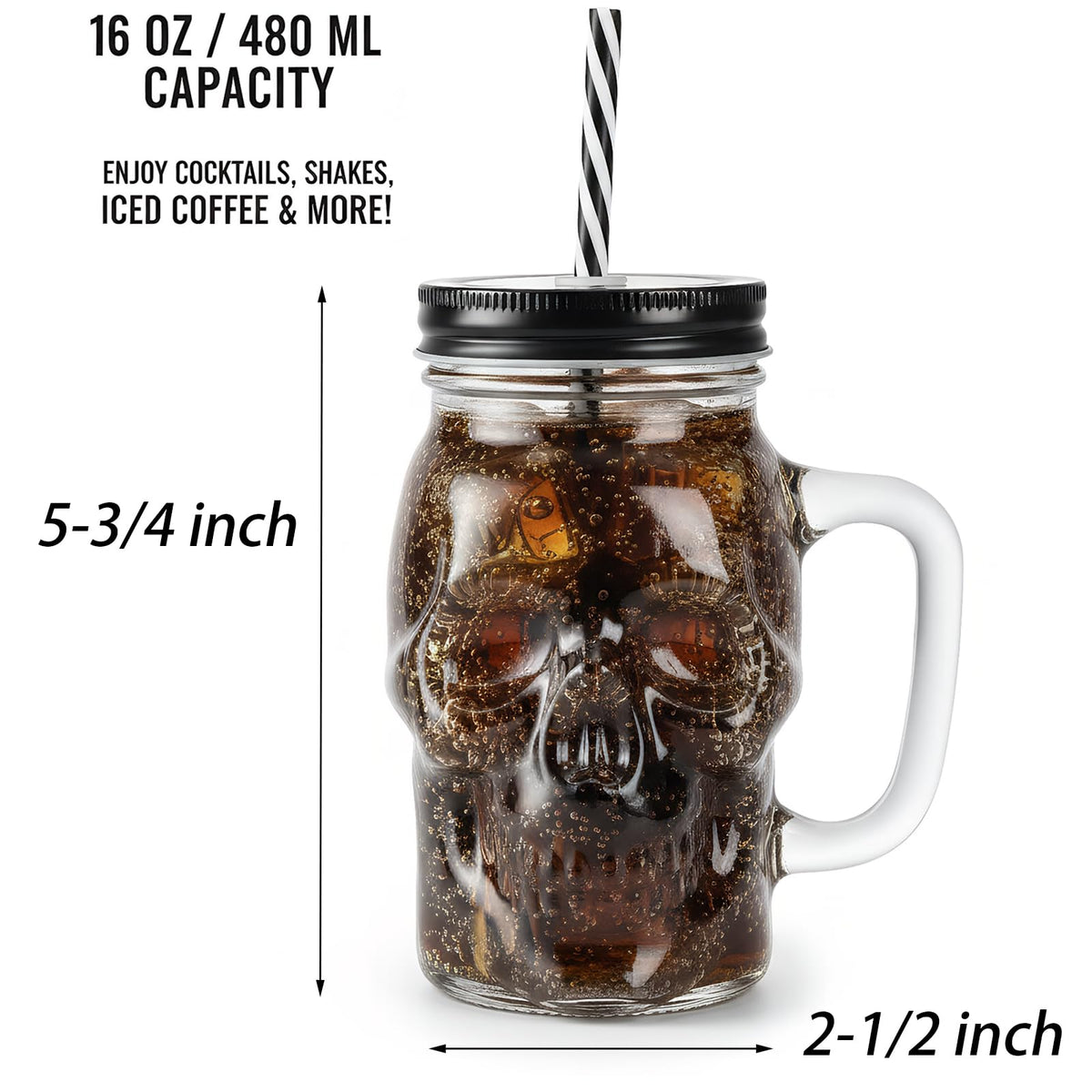 TOPZEA 6 Pack Skull Mason Jars with Handle, 16 Oz Glass Beer Mugs Gothic Wide Mouth Tumbler Cup with Straws and Lids, Novelty Pub Bar Mug Halloween Drinking Glasses for Beverage, Liquor, Mix Cocktail