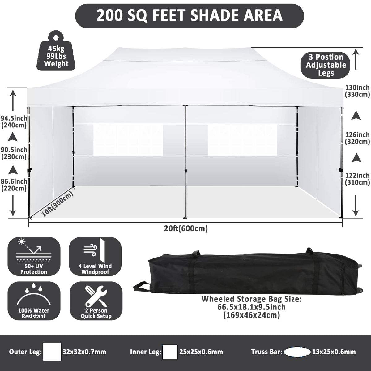 COBIZI 10x20 Pop Up Canopy with 6 Sidewall,Heavy Duty Canopy UPF 50+ All Season Wind Waterproof Commercial Outdoor Wedding Party Tents for Parties Gazebo with Roller Bag(10 x 20 ft Snow White)