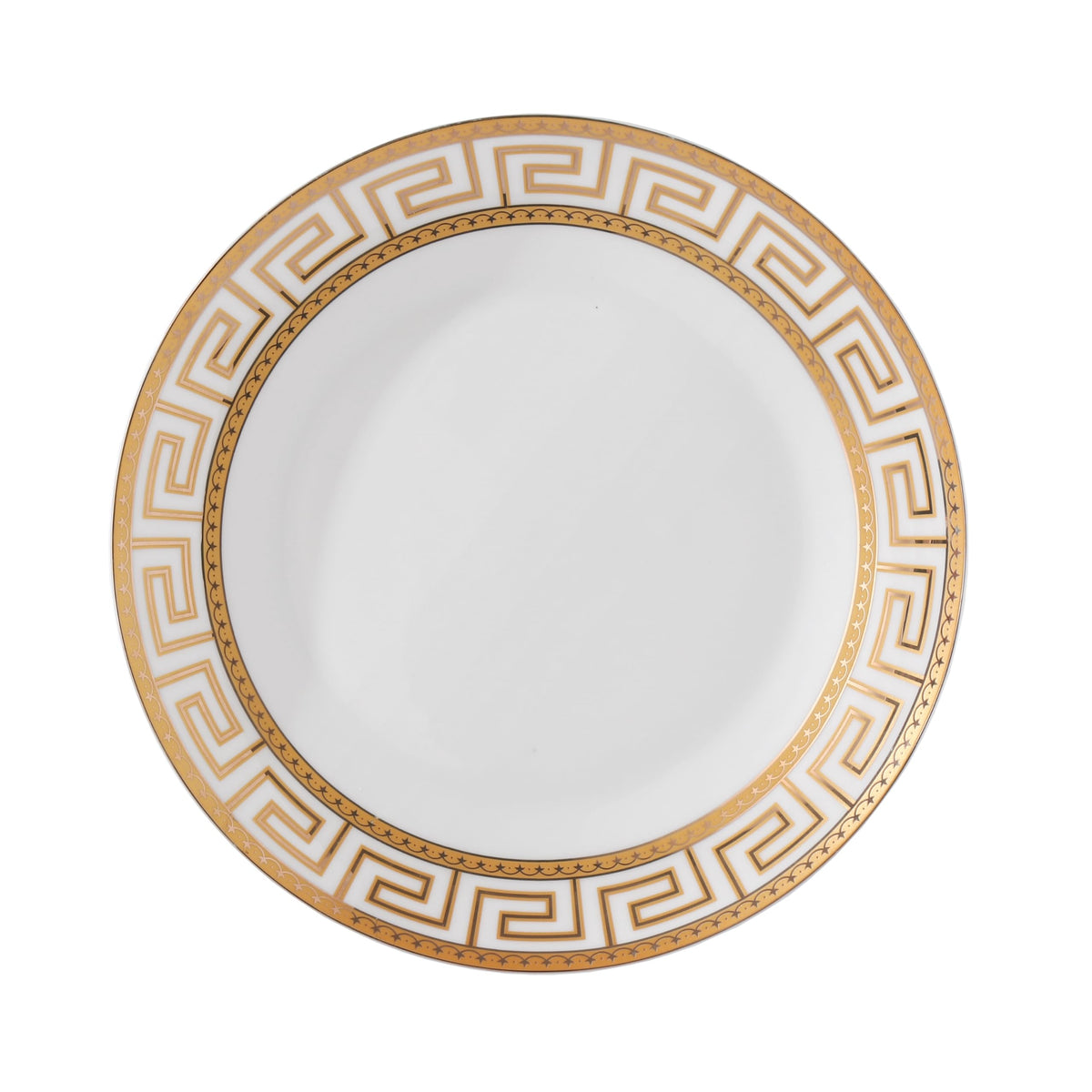 Lorren Home Trends 24 Piece Bone China Dinnerware Set with Gold Greek Key Design, Service for 4, White