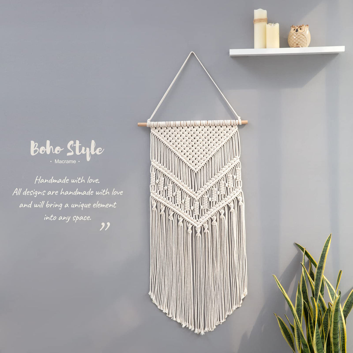 Mkono Macrame Wall Hanging Art Woven Boho Home Décor, Geometric Beautiful Yarn Tapestry Wall Decor for Bedroom, Nursery, Apartment, Dorm Decoration, Christmas Gift for Teen Girl Mom, 17" W x 33" L