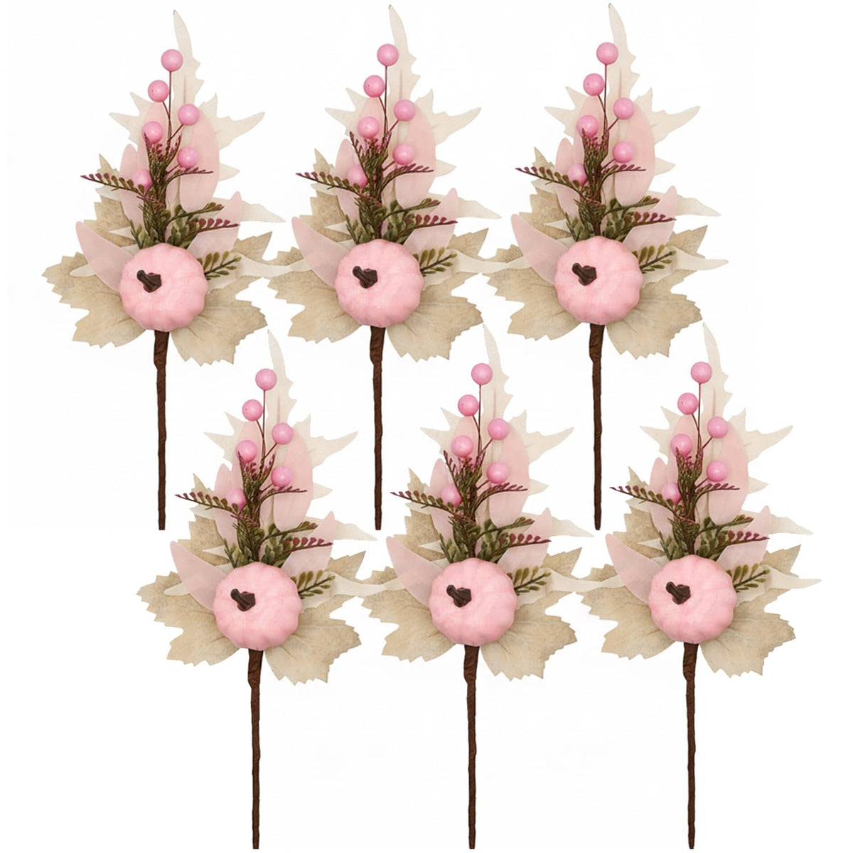 Adurself 6PCS Pink Fall Picks with Pumpkins – Artificial Autumn Floral Stems with Pink Pumpkin, Berries and Leaves for Thanksgiving Harvest Centerpiece, Vase, Home & Party Decoration